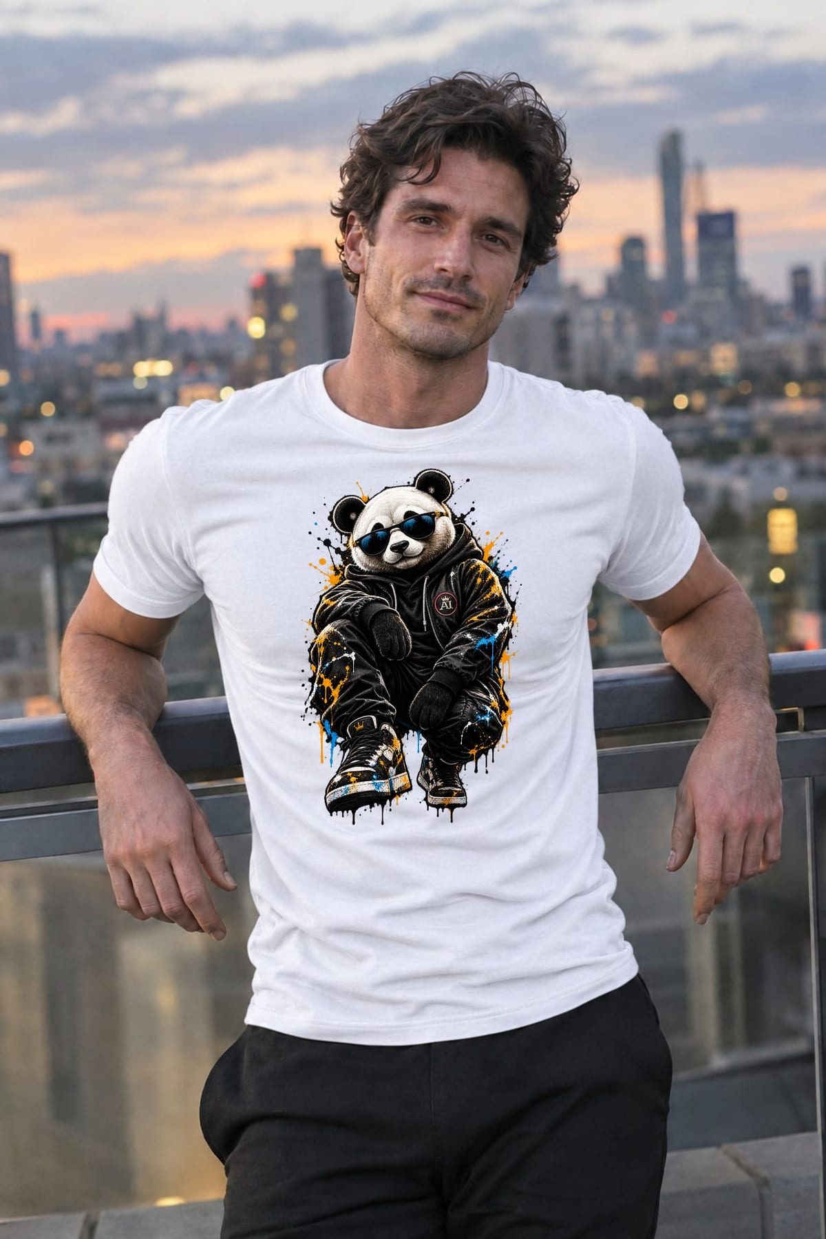 Koszulka męska biała z pandą w okularach streetwear śmieszna prezent, zdjęcie 6