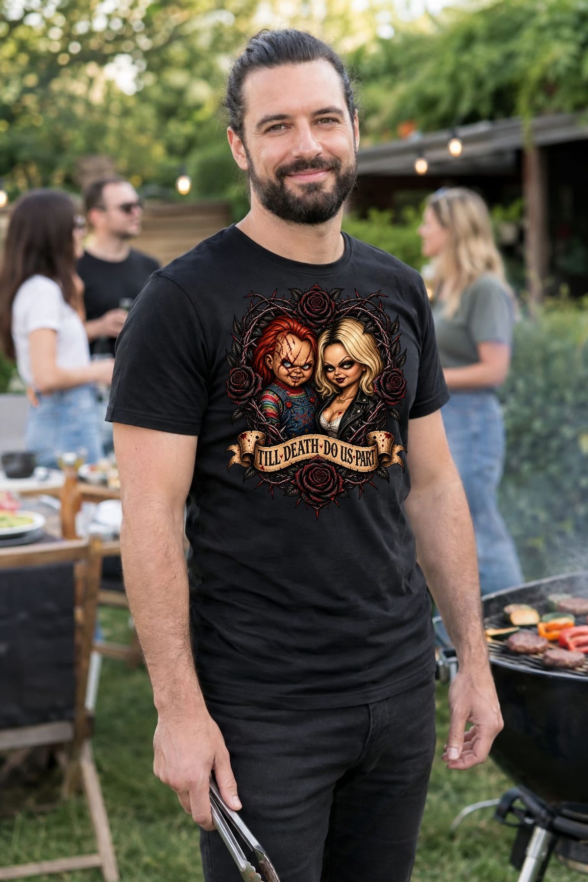 Koszulka męska czarna Halloween Chucky i Tiffany lalki prezent, zdjęcie 3