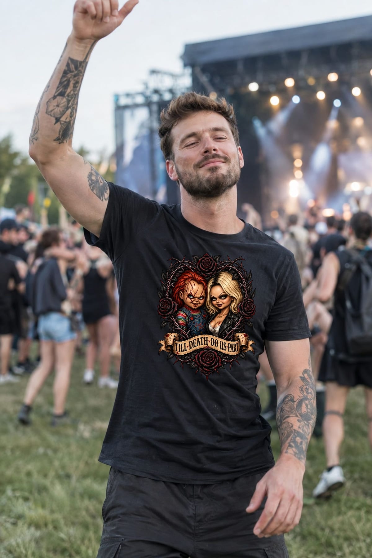 Koszulka męska czarna Halloween Chucky i Tiffany lalki prezent, zdjęcie 4