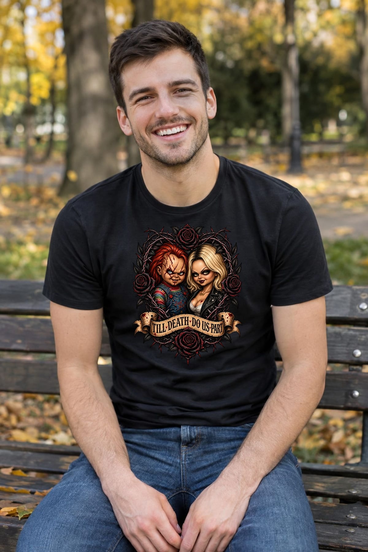 Koszulka męska czarna Halloween Chucky i Tiffany lalki prezent, zdjęcie 8