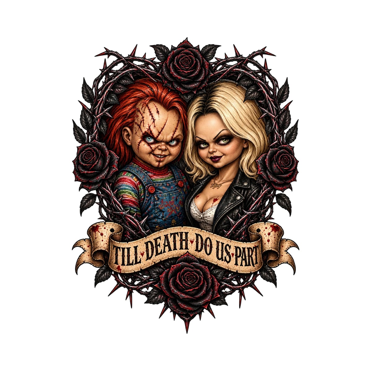 Koszulka męska biała Halloween Chucky i Tiffany lalki prezent, zdjęcie 2