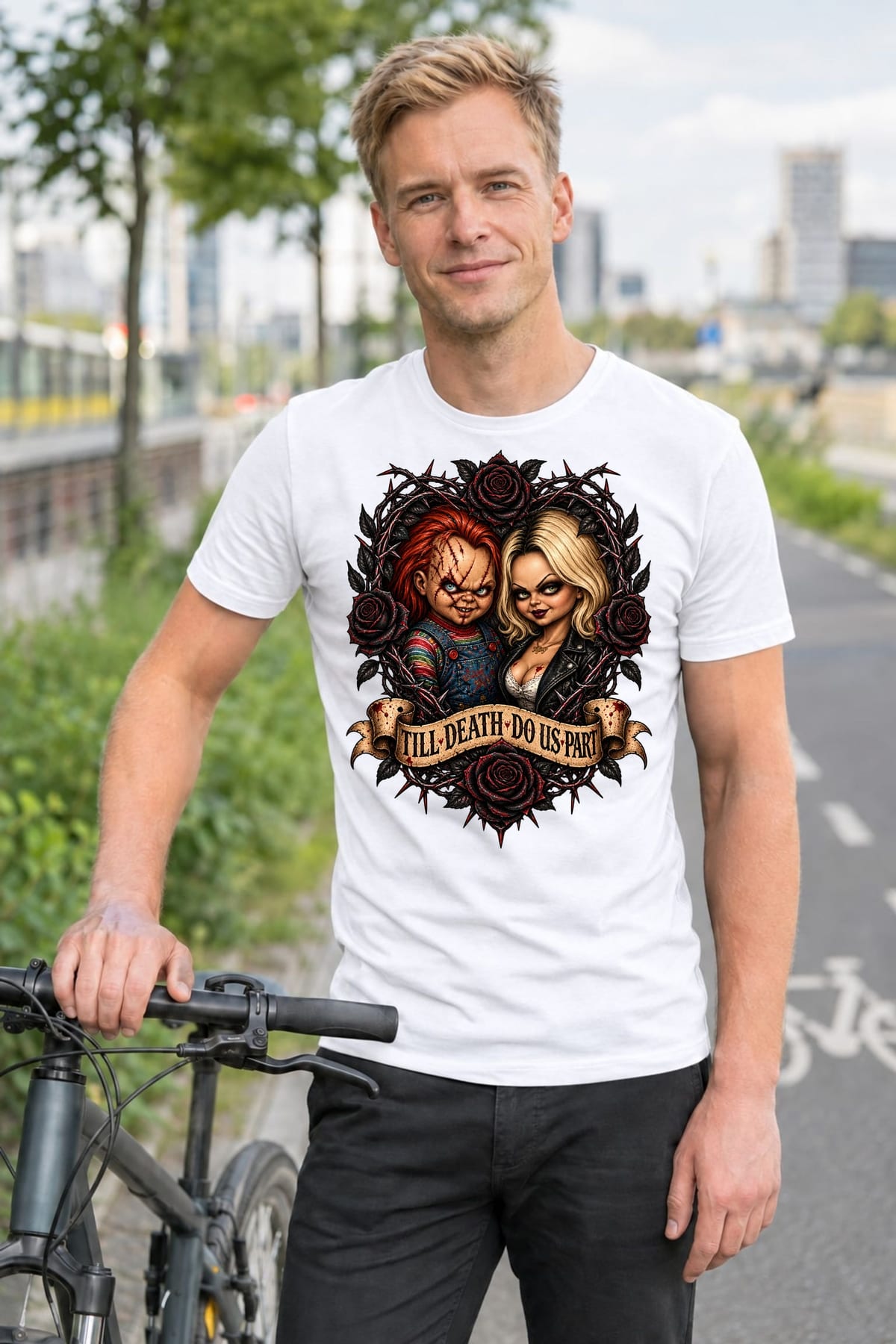 Koszulka męska biała Halloween Chucky i Tiffany lalki prezent, zdjęcie 3