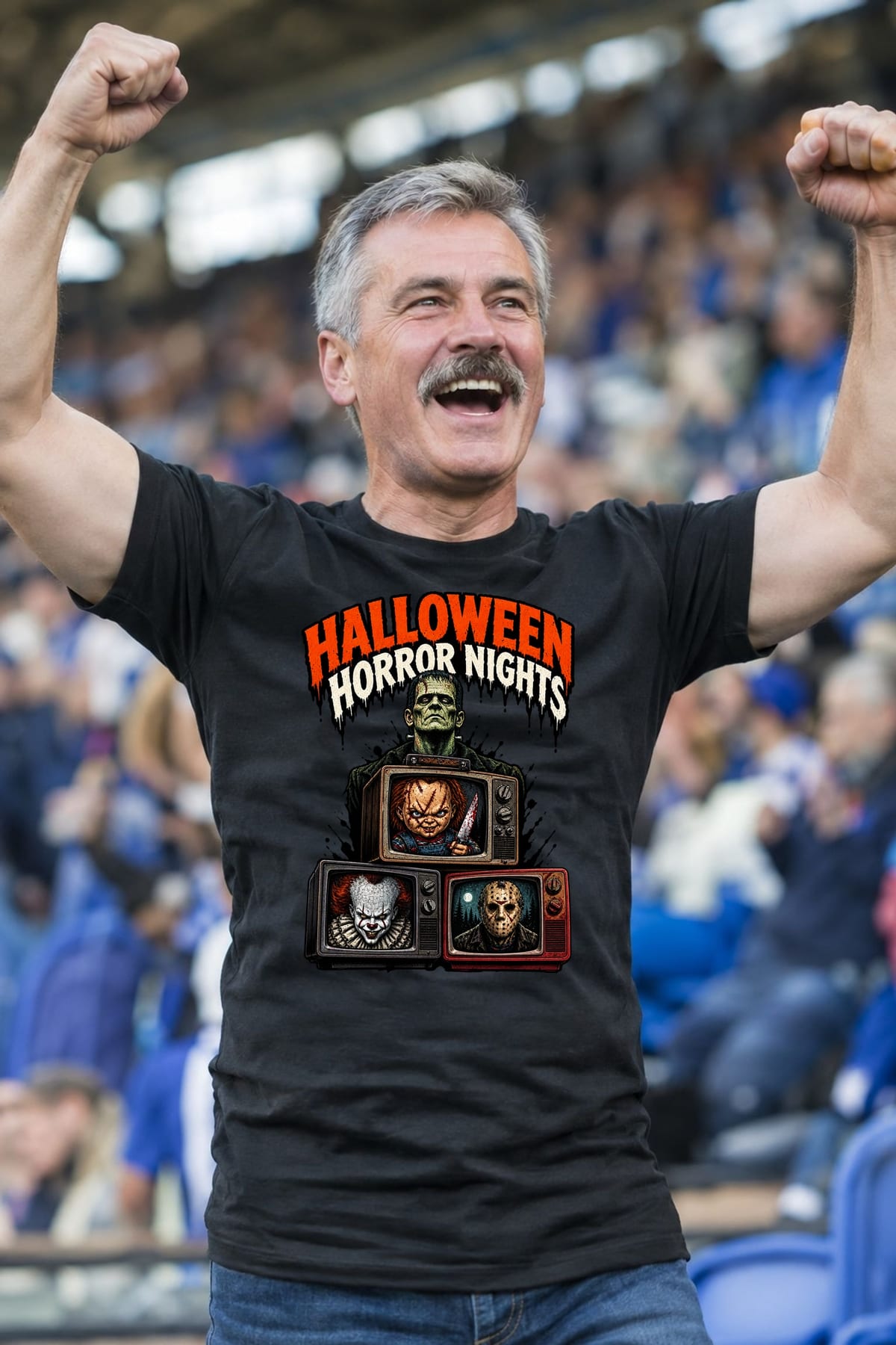 Koszulka męska czarna Halloween Frankenstein telewizory horror prezent, zdjęcie 3