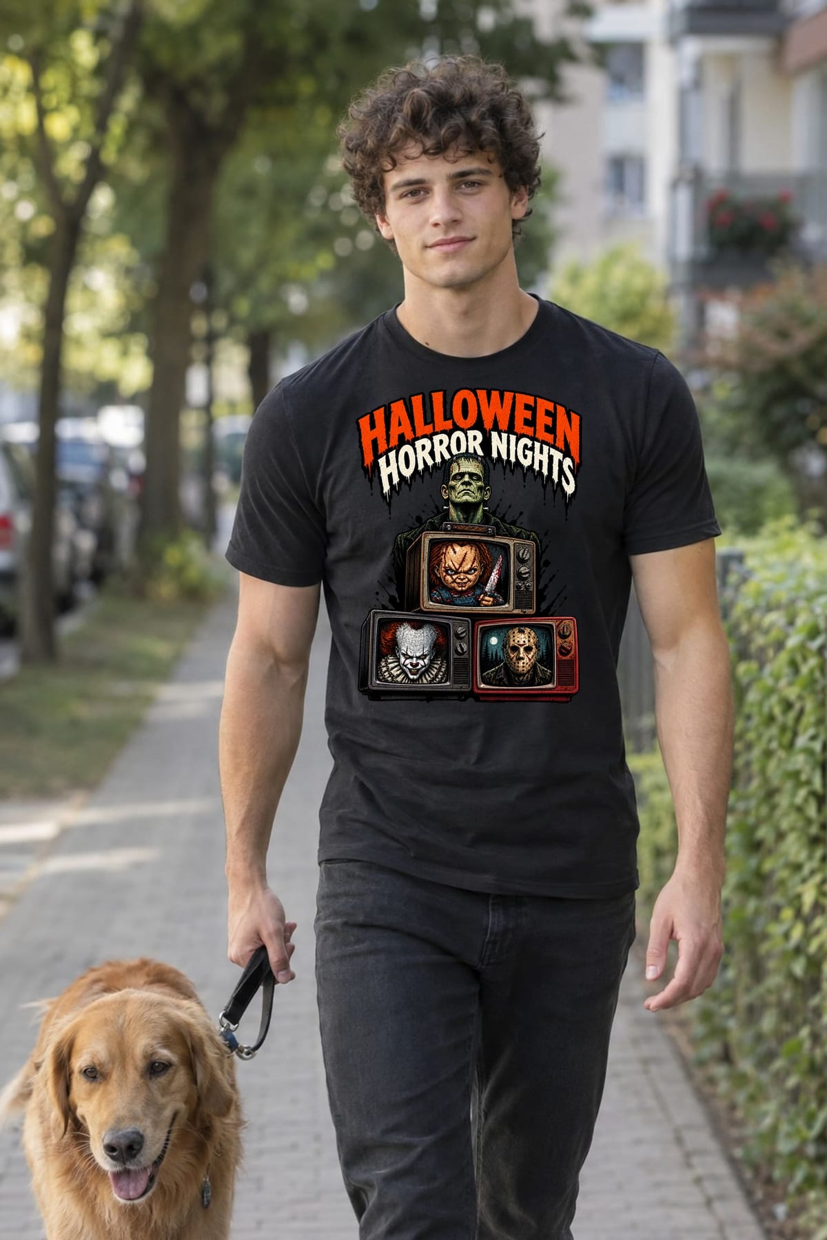 Koszulka męska czarna Halloween Frankenstein telewizory horror prezent, zdjęcie 7