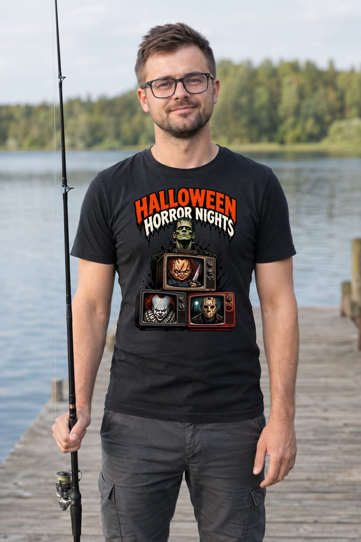 Koszulka męska czarna Halloween Frankenstein telewizory horror prezent, zdjęcie 8