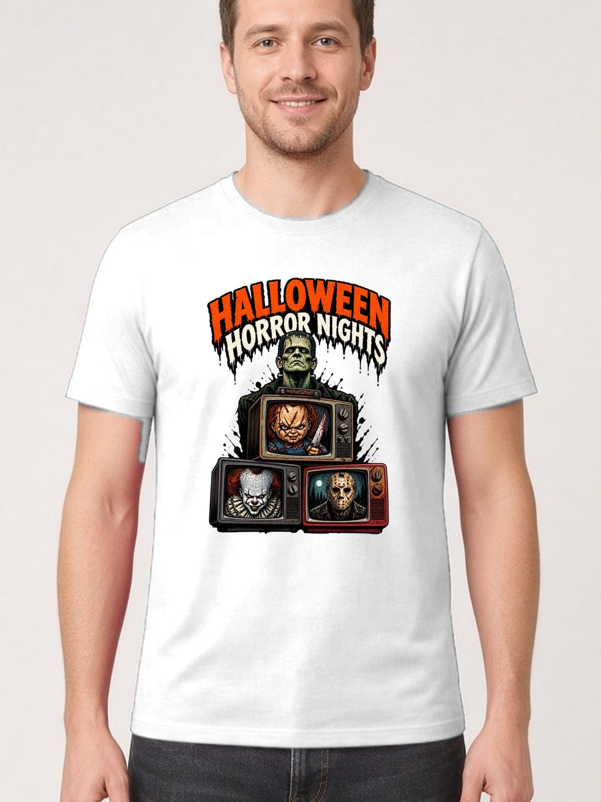 Koszulka męska biała Halloween Frankenstein telewizory horror prezent, zdjęcie 1