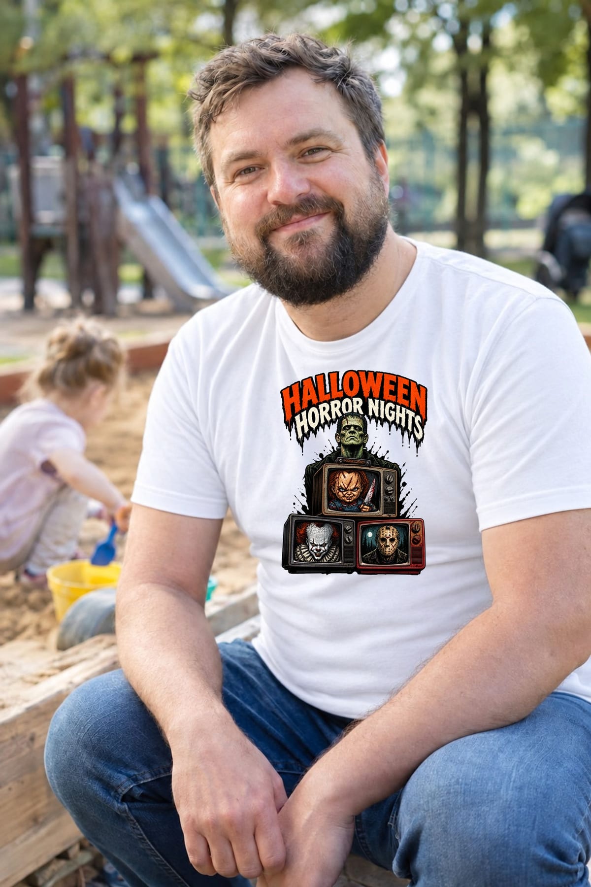 Koszulka męska biała Halloween Frankenstein telewizory horror prezent, zdjęcie 5