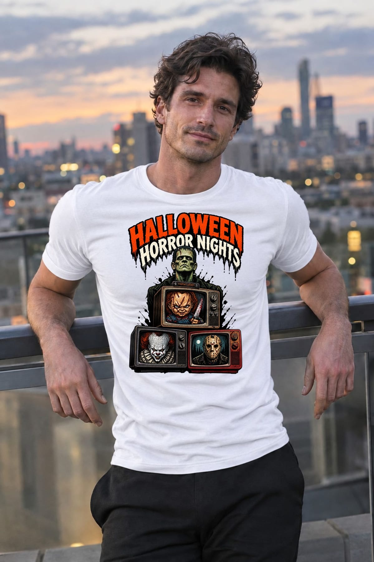 Koszulka męska biała Halloween Frankenstein telewizory horror prezent, zdjęcie 6