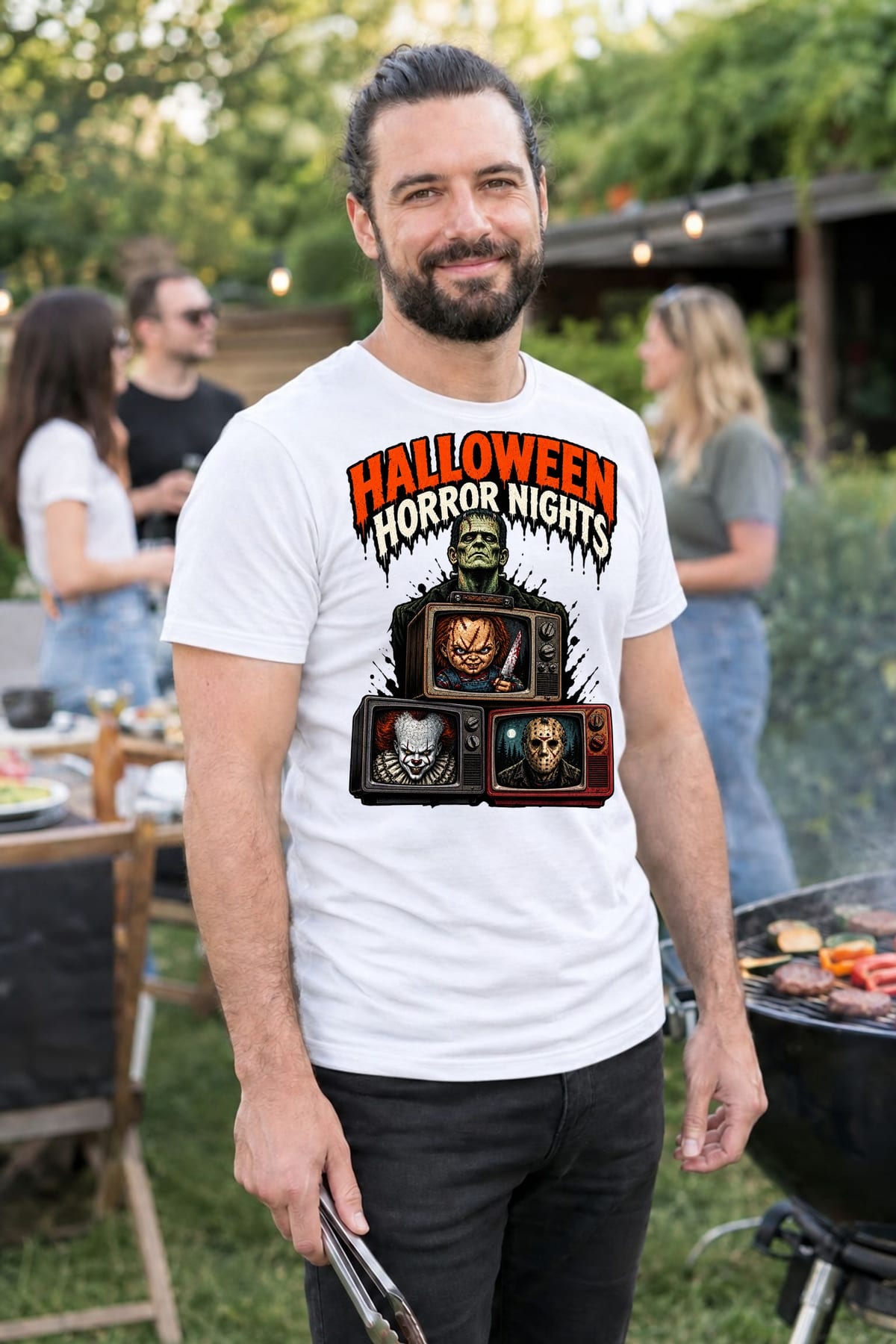 Koszulka męska biała Halloween Frankenstein telewizory horror prezent, zdjęcie 7