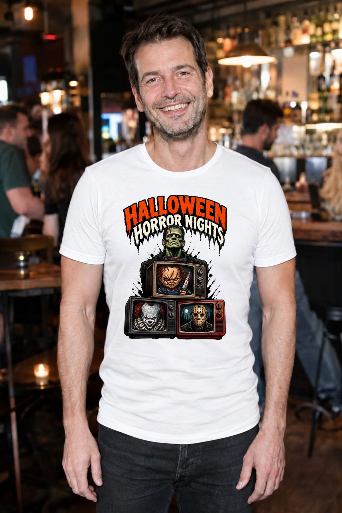 Koszulka męska biała Halloween Frankenstein telewizory horror prezent, zdjęcie 8