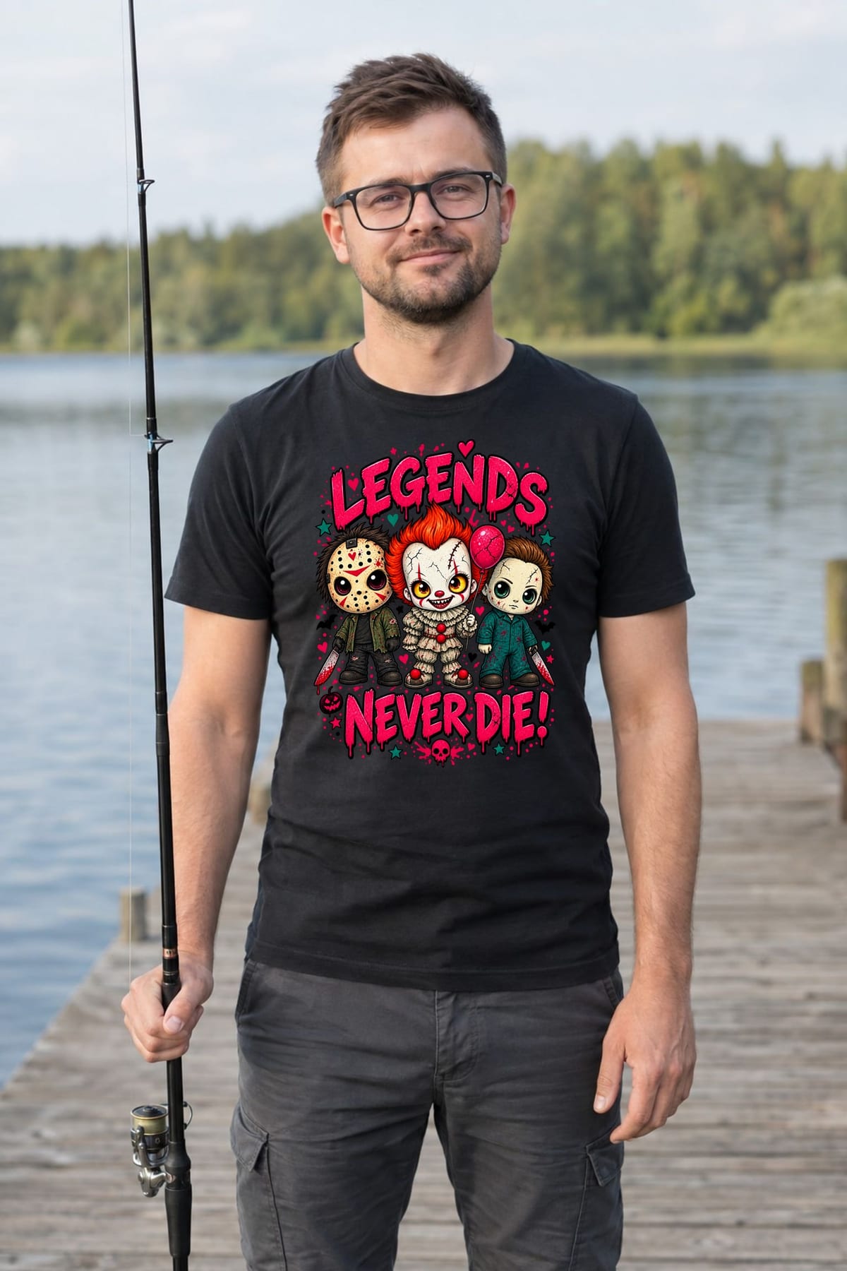 Koszulka męska czarna Halloween chibi mordercy z maczetą klaun prezent, zdjęcie 6