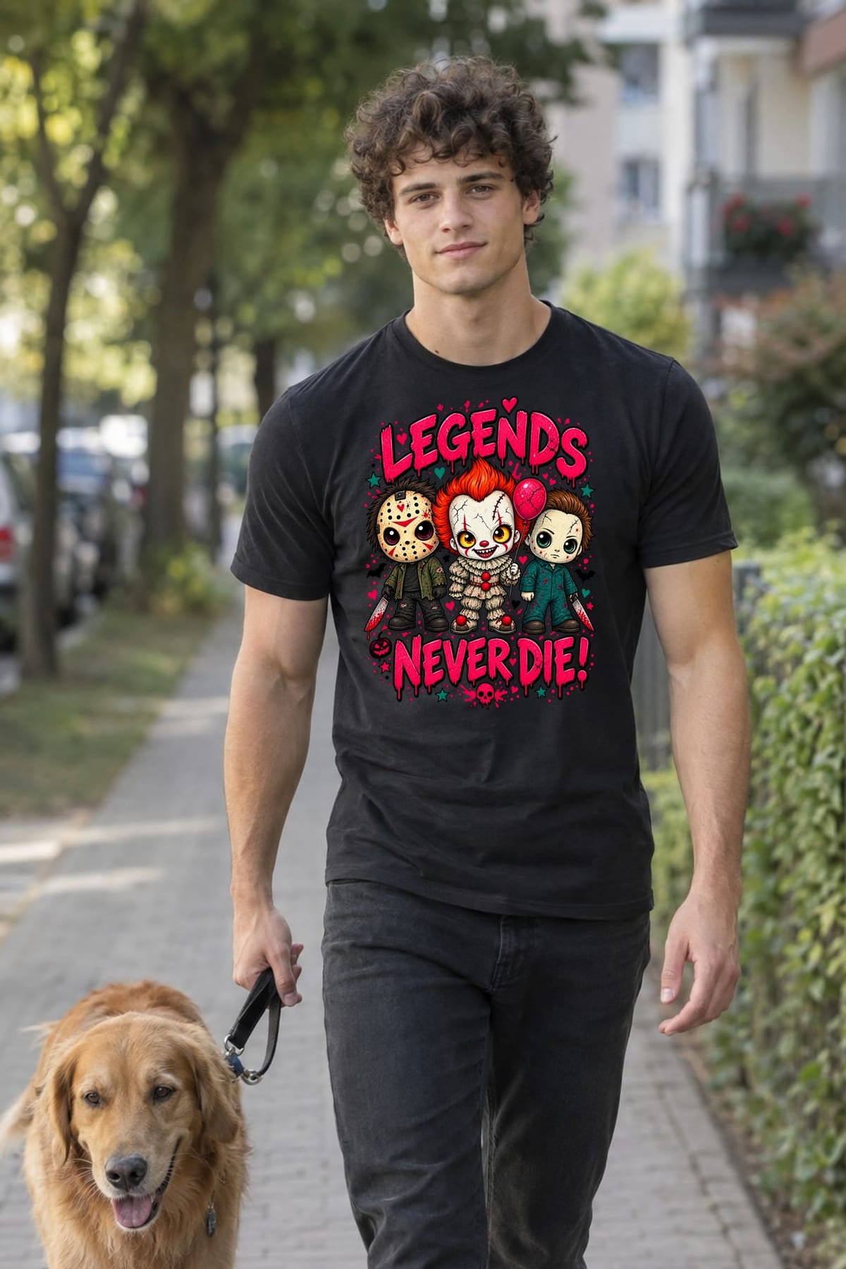 Koszulka męska czarna Halloween chibi mordercy z maczetą klaun prezent, zdjęcie 7