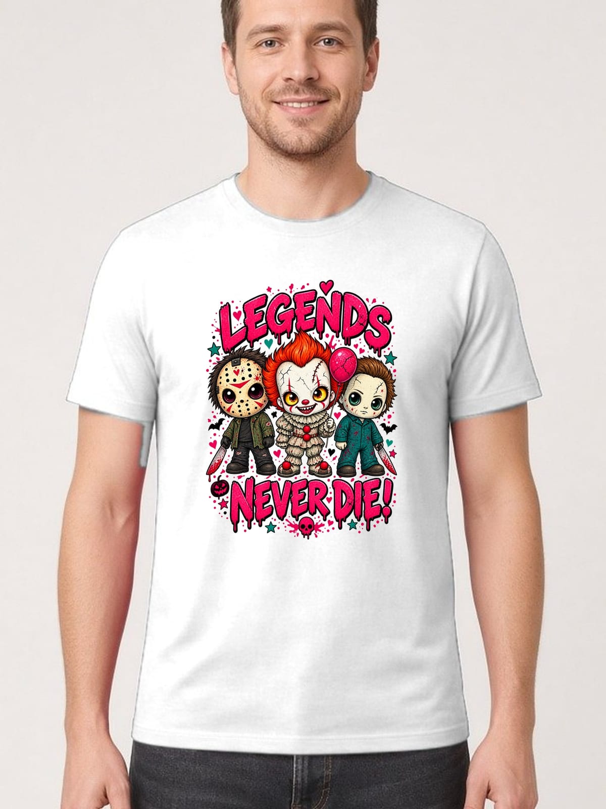 Koszulka męska biała Halloween chibi mordercy z maczetą klaun prezent, zdjęcie 1