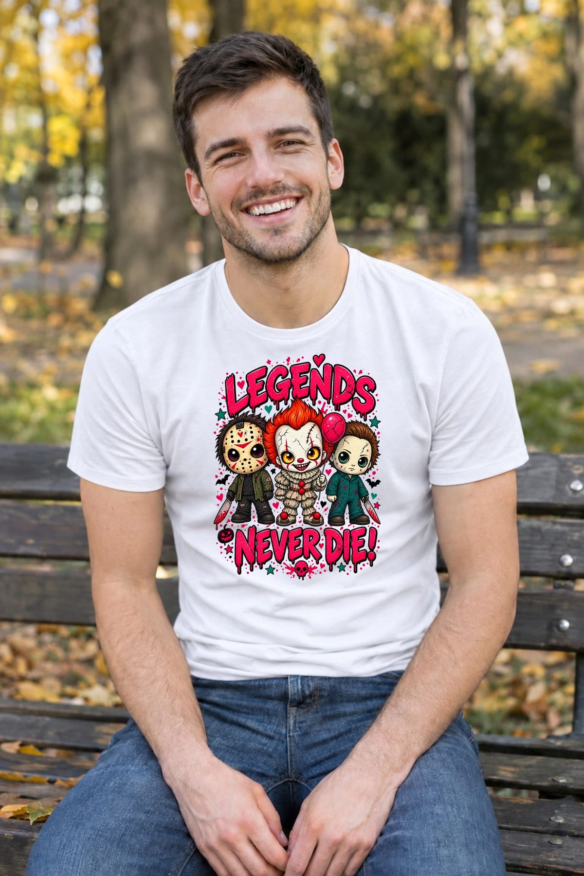 Koszulka męska biała Halloween chibi mordercy z maczetą klaun prezent, zdjęcie 8