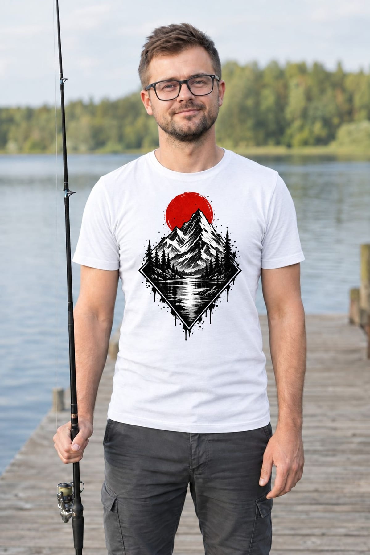 Koszulka męska biała z górami i jeziorem w stylu grunge prezent, zdjęcie 5