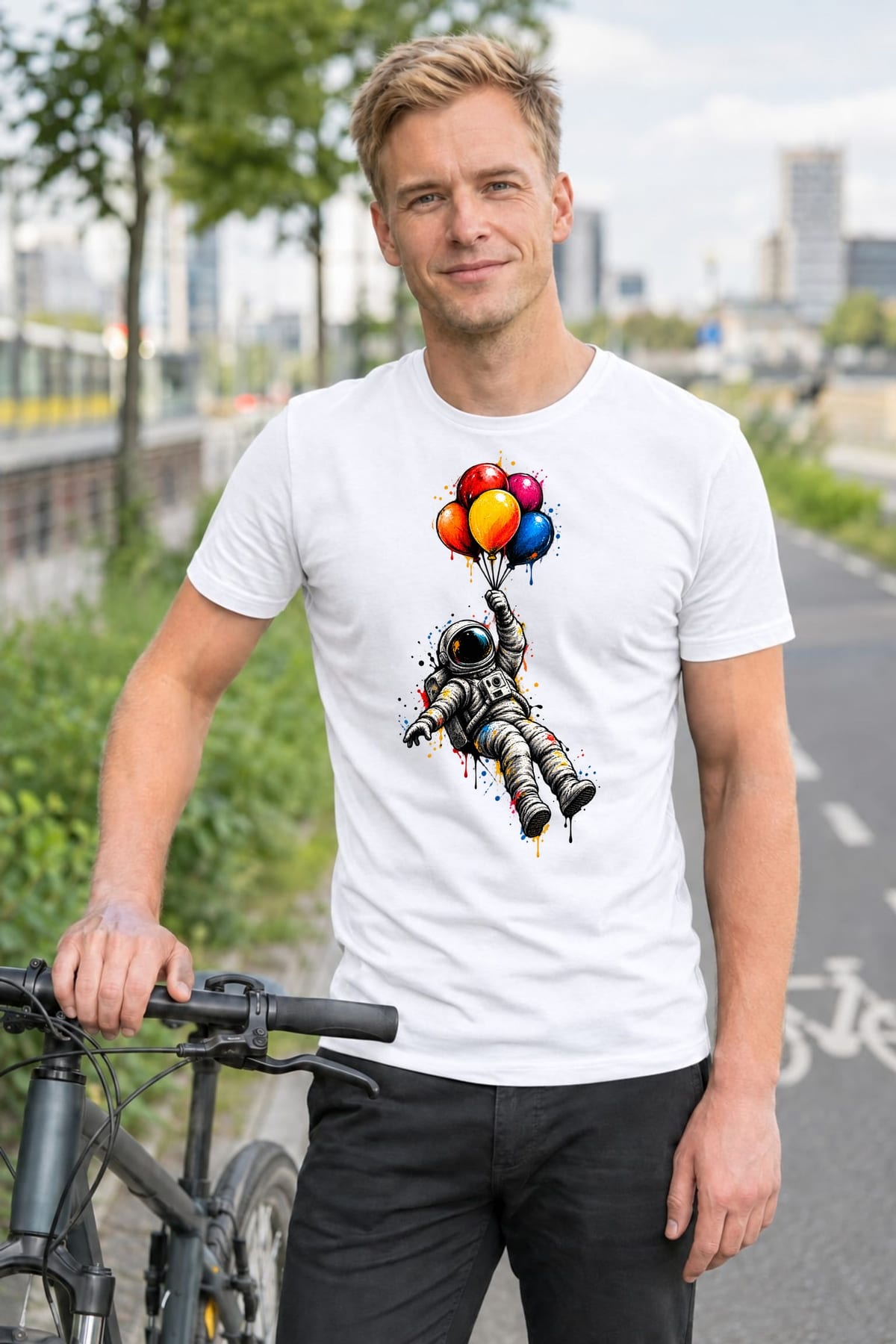 Koszulka męska biała astronauta z balonami kosmos śmieszna prezent, zdjęcie 4