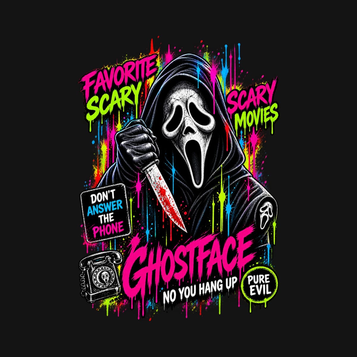 Koszulka męska czarna Halloween Ghostface neonowa maska prezent, zdjęcie 2