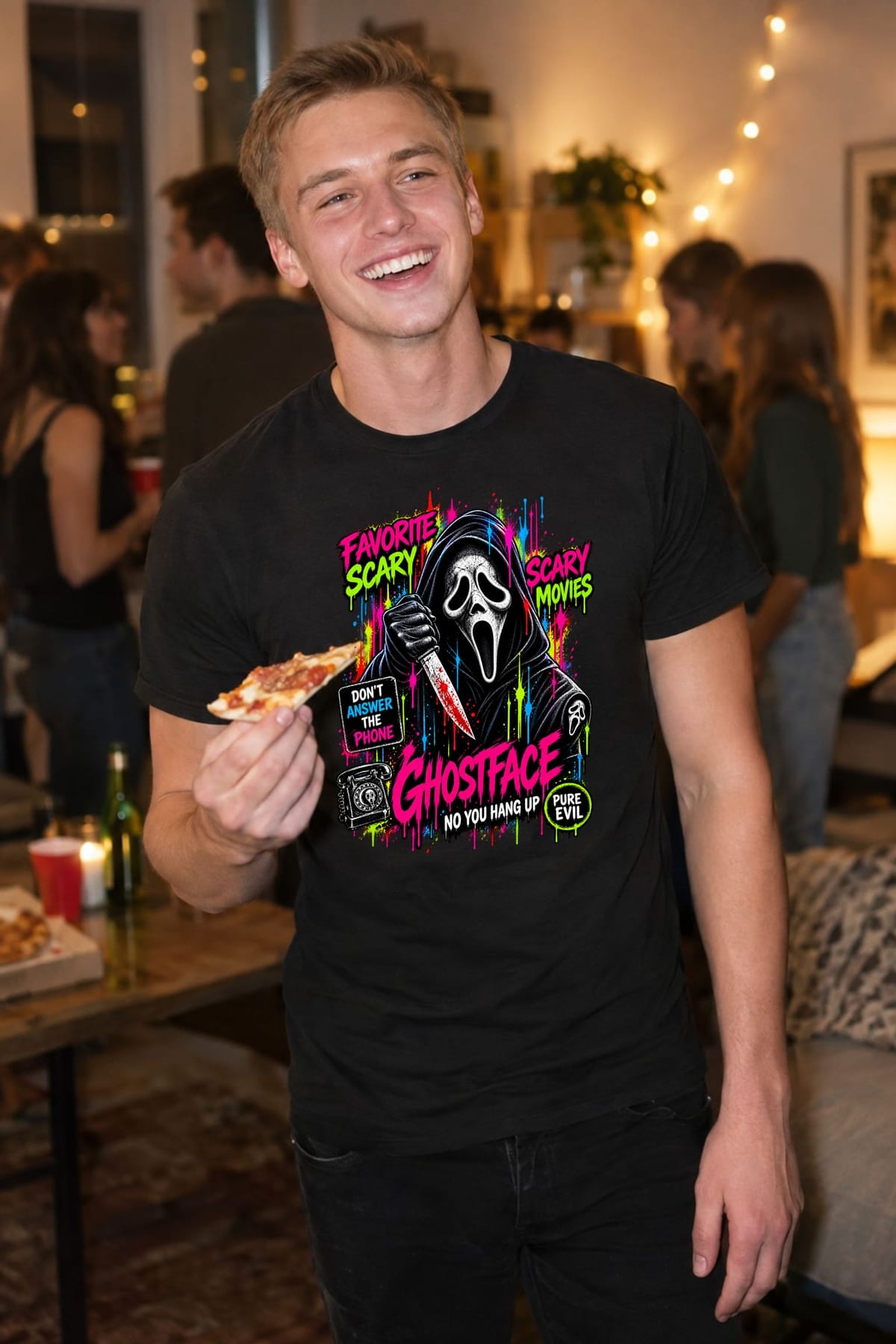 Koszulka męska czarna Halloween Ghostface neonowa maska prezent, zdjęcie 3
