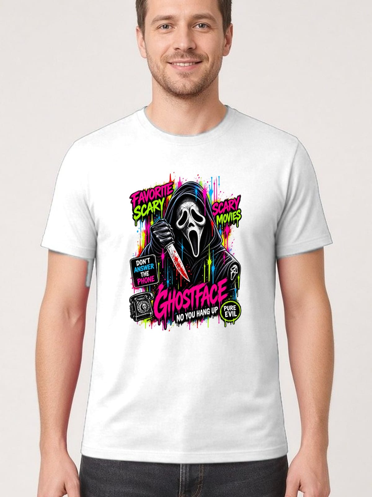 Koszulka męska biała Halloween Ghostface neonowa maska prezent, zdjęcie 1