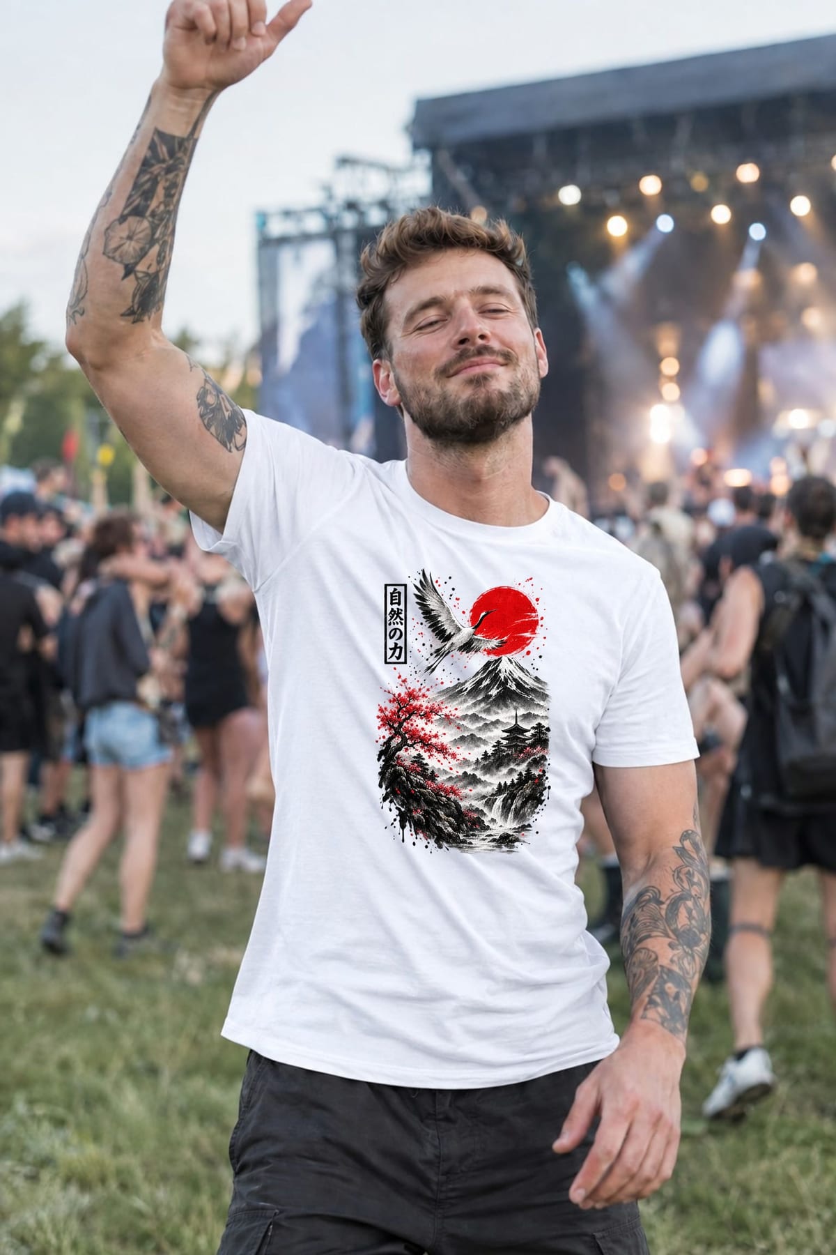 Koszulka męska biała z żurawiem japońskim górą Fuji sumi e prezent, zdjęcie 6