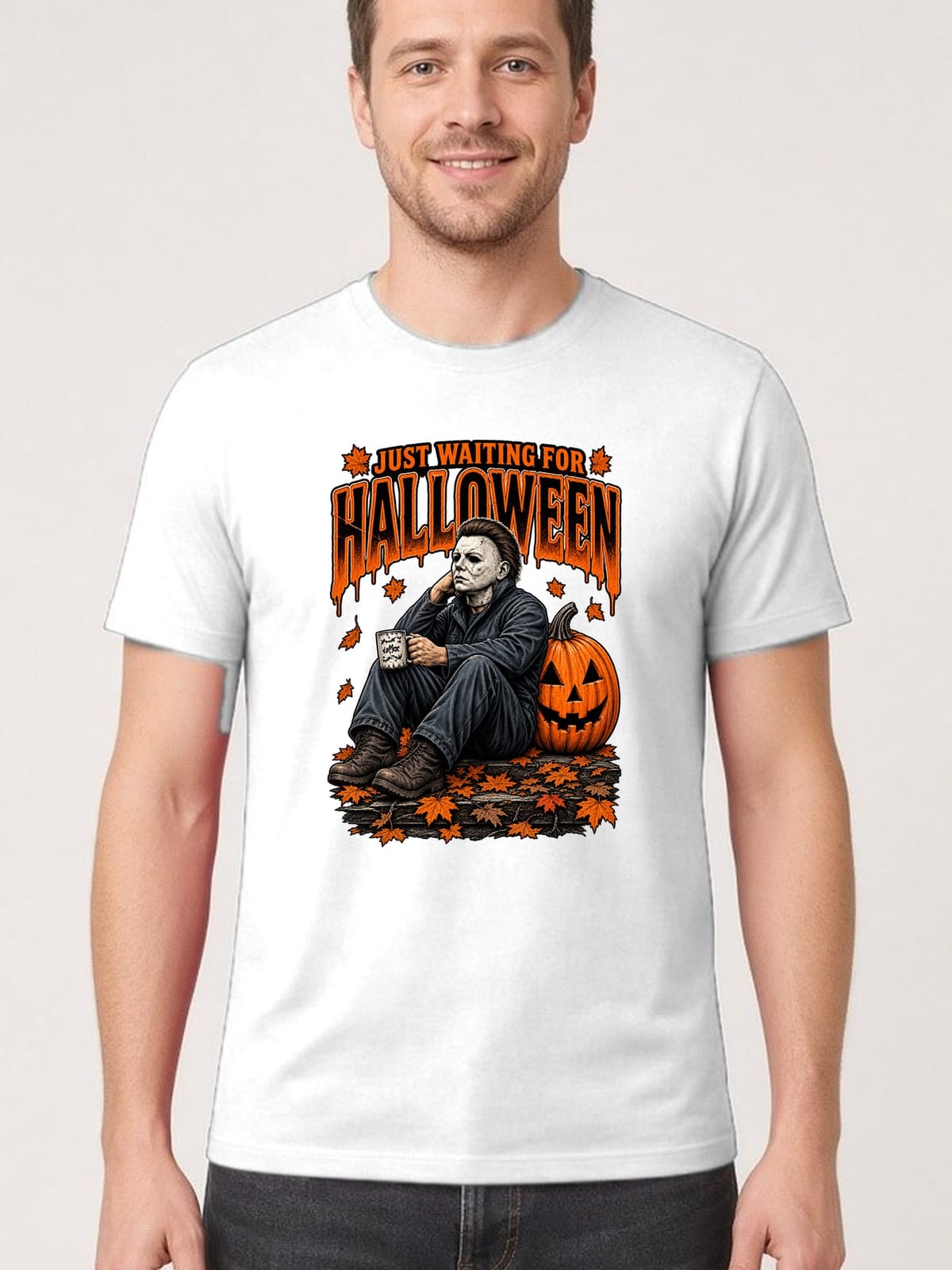 Koszulka męska biała Halloween morderca z maską dynia prezent, zdjęcie 1