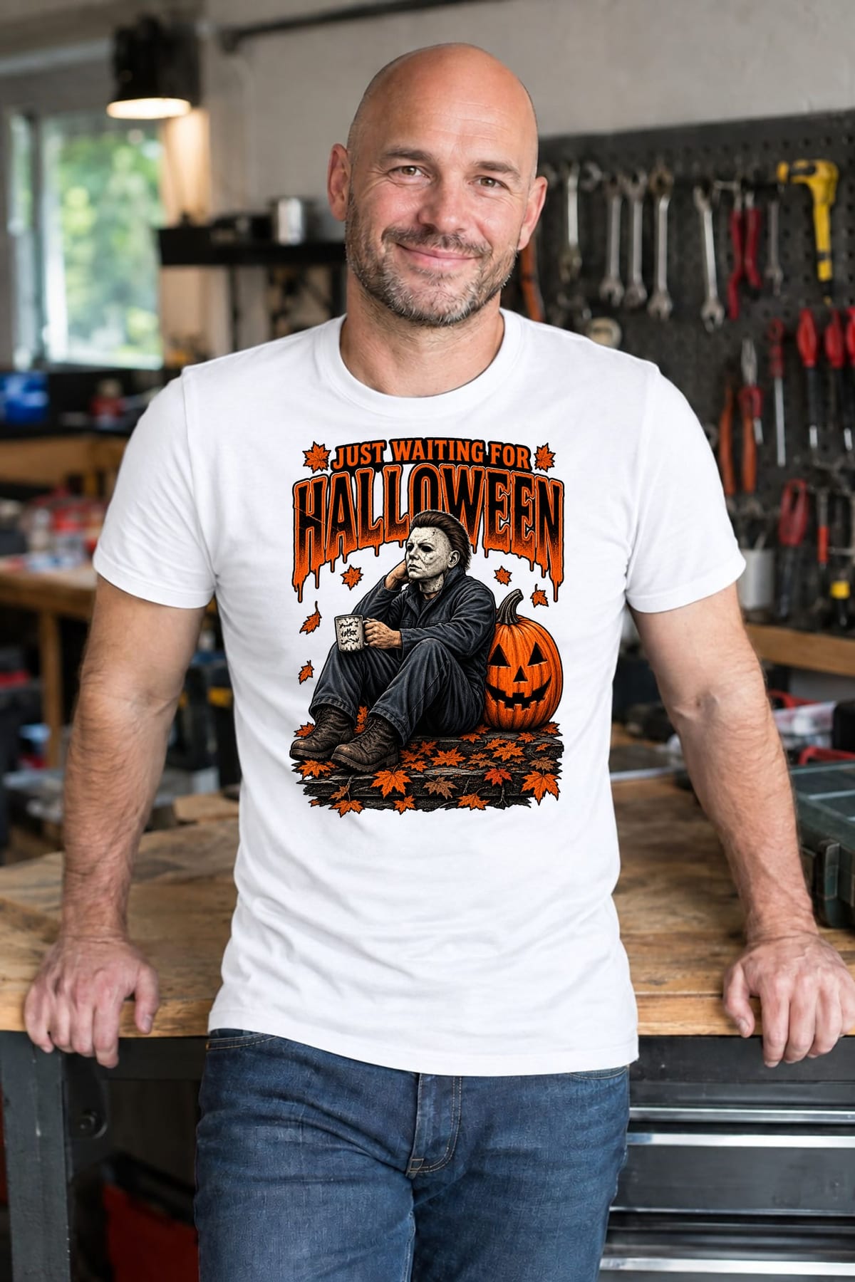 Koszulka męska biała Halloween morderca z maską dynia prezent, zdjęcie 3