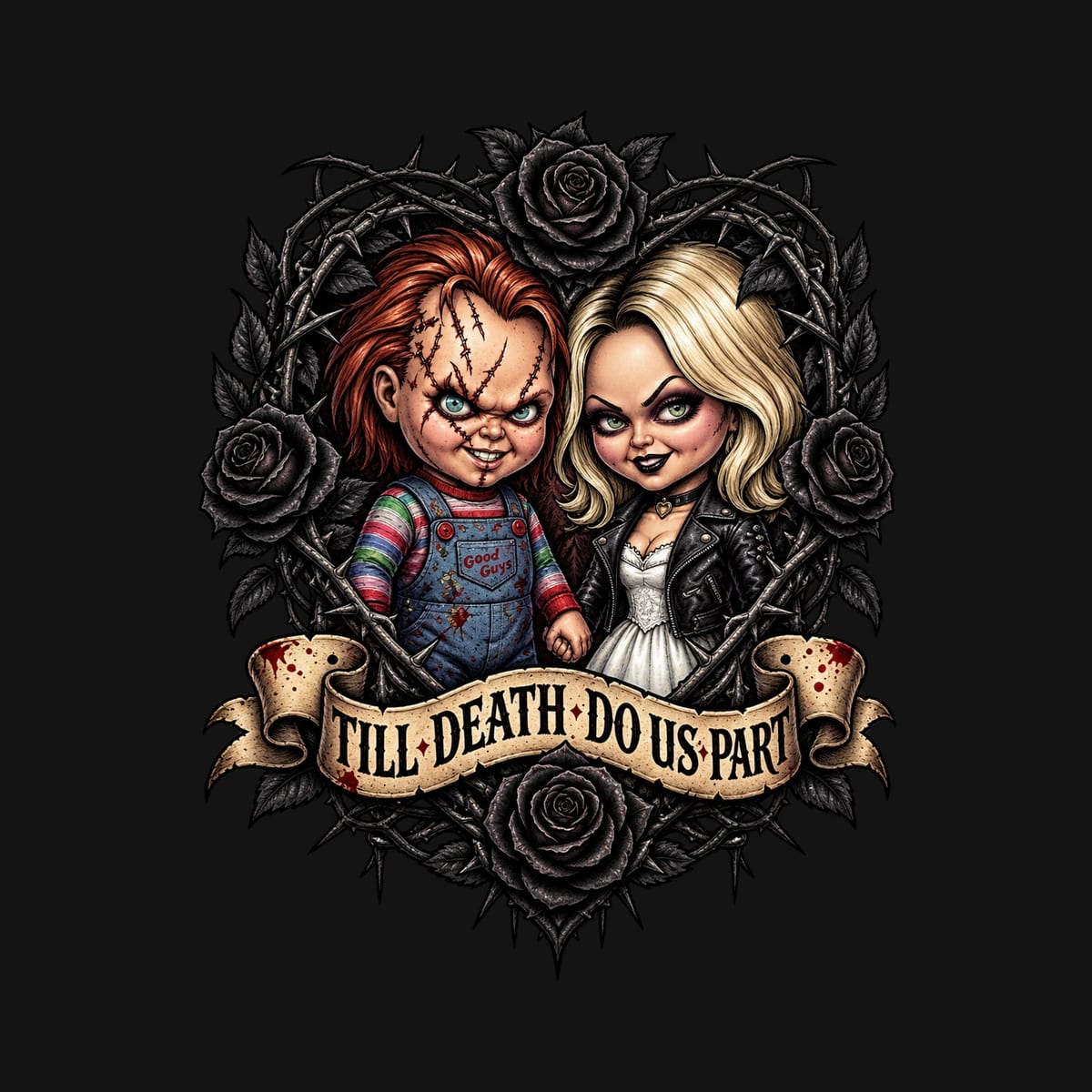 Koszulka męska czarna Halloween Chucky i narzeczona lalki prezent, zdjęcie 2