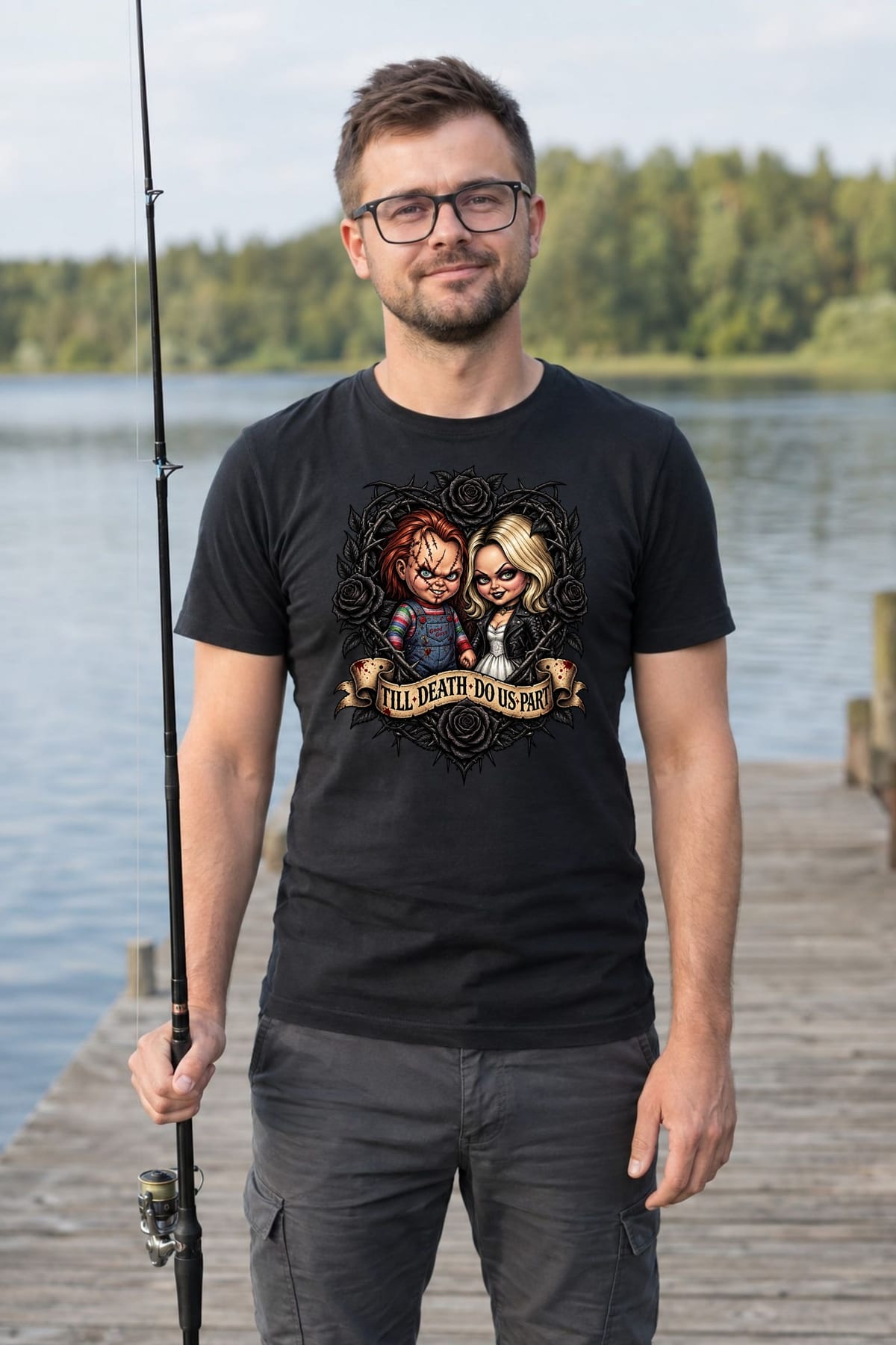 Koszulka męska czarna Halloween Chucky i narzeczona lalki prezent, zdjęcie 3