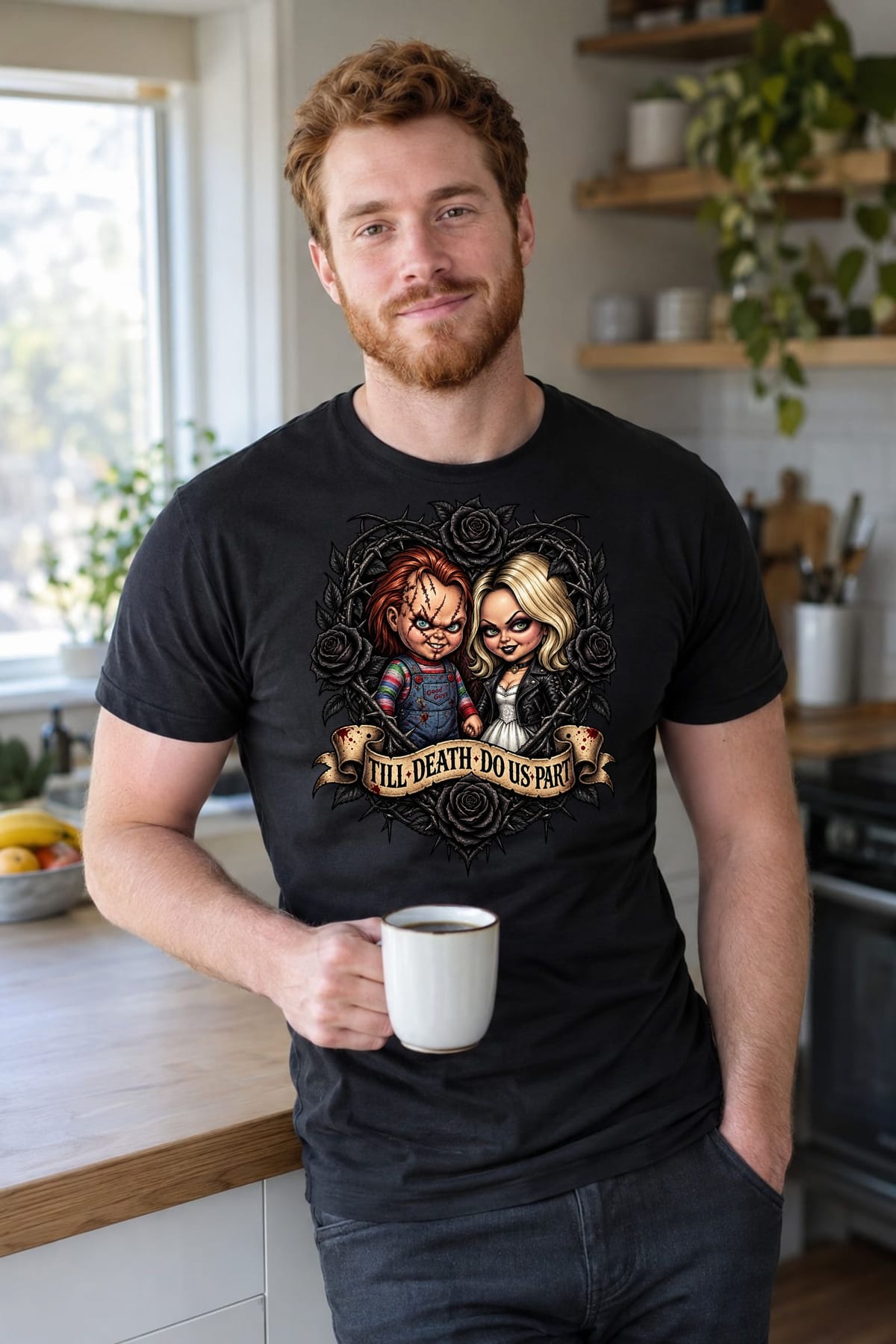 Koszulka męska czarna Halloween Chucky i narzeczona lalki prezent, zdjęcie 5