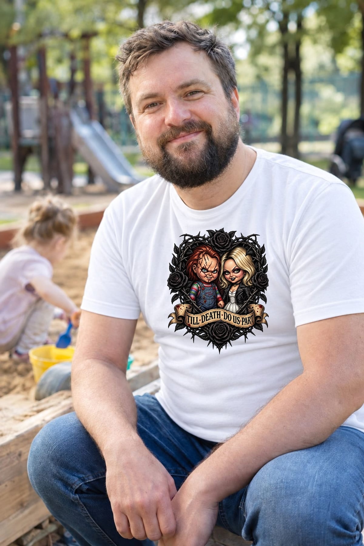 Koszulka męska biała Halloween Chucky i narzeczona lalki prezent, zdjęcie 7