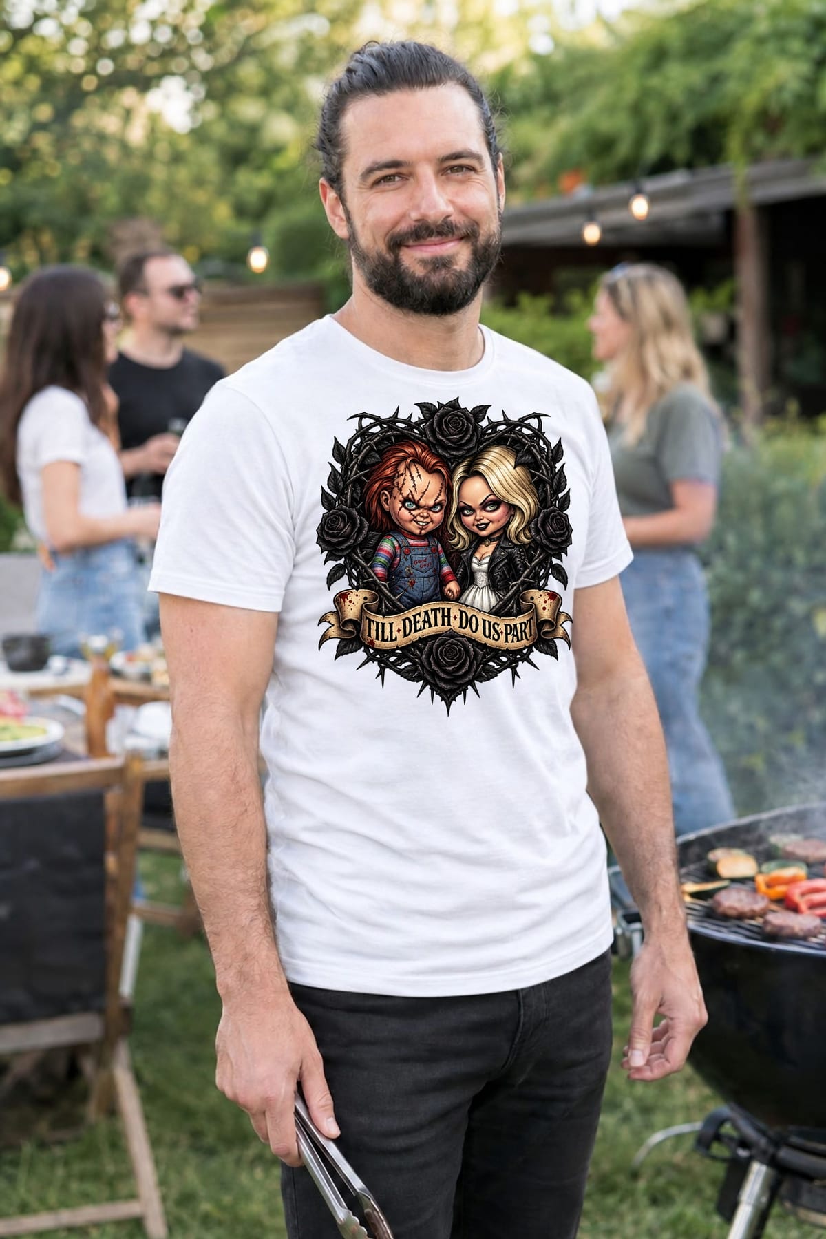 Koszulka męska biała Halloween Chucky i narzeczona lalki prezent, zdjęcie 8