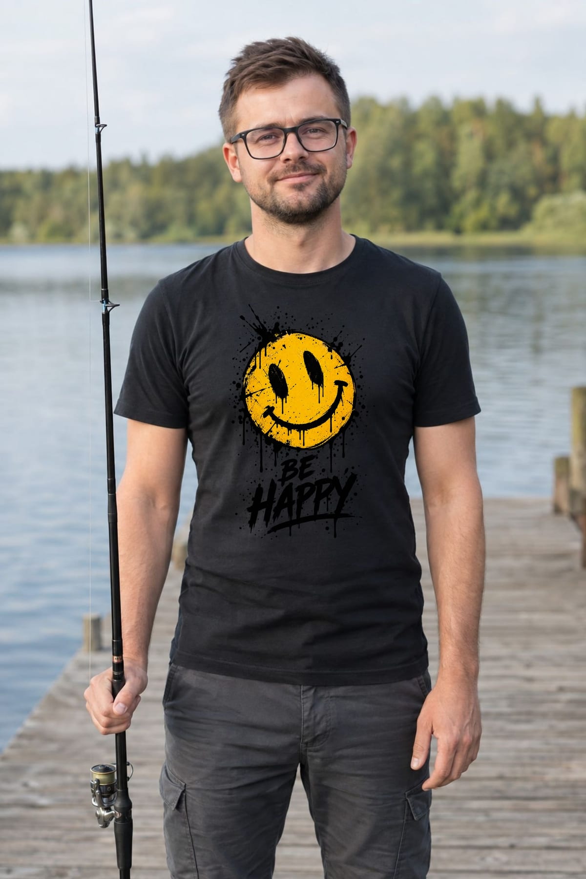 Koszulka męska czarna z uśmiechniętą buźką be happy pozytywna, zdjęcie 4