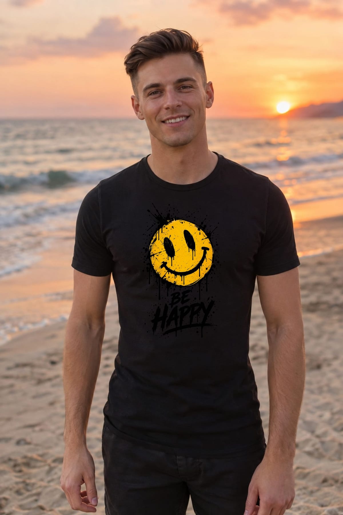 Koszulka męska czarna z uśmiechniętą buźką be happy pozytywna, zdjęcie 5