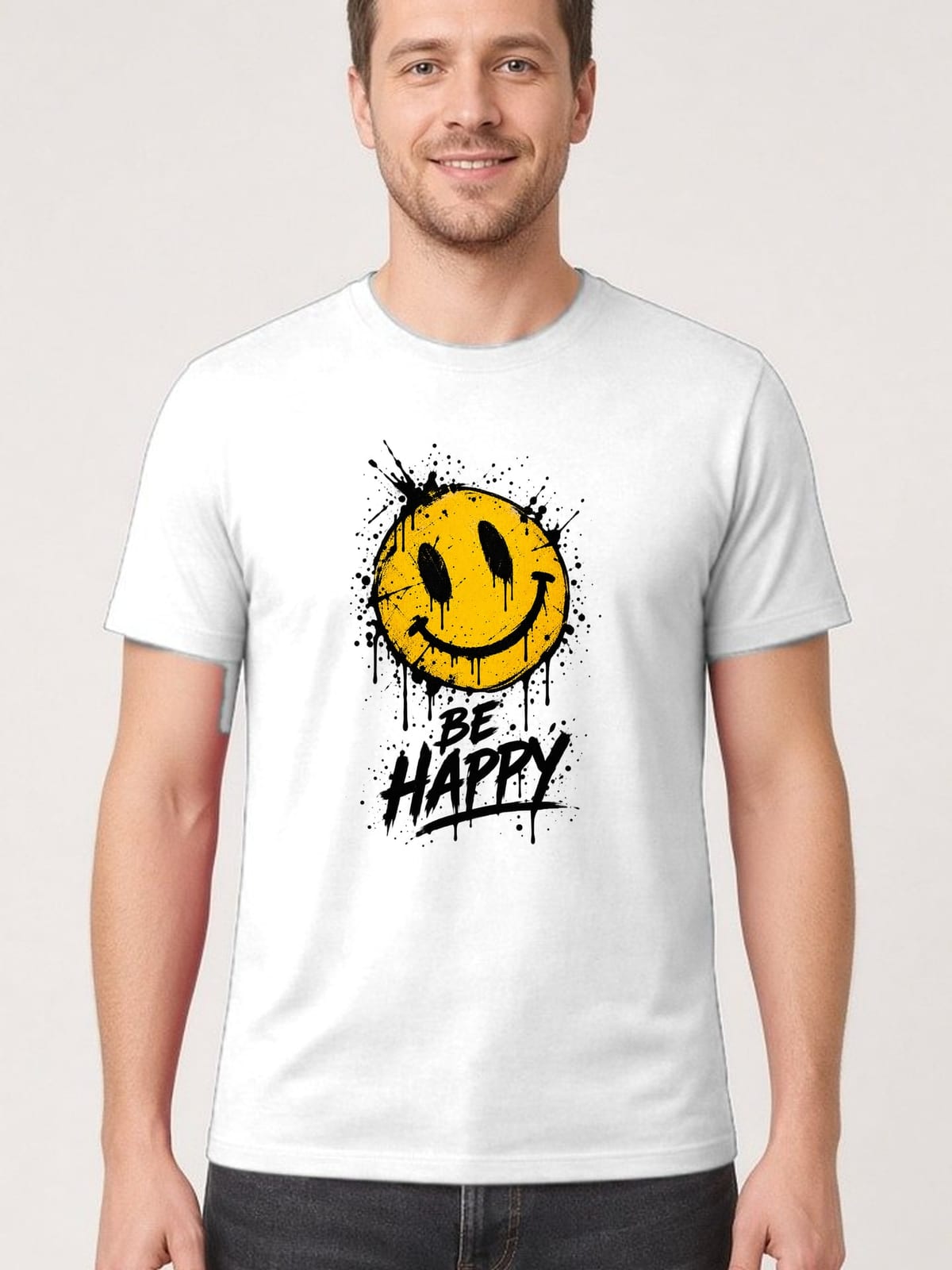 Koszulka męska biała z uśmiechniętą buźką be happy pozytywna, zdjęcie 1