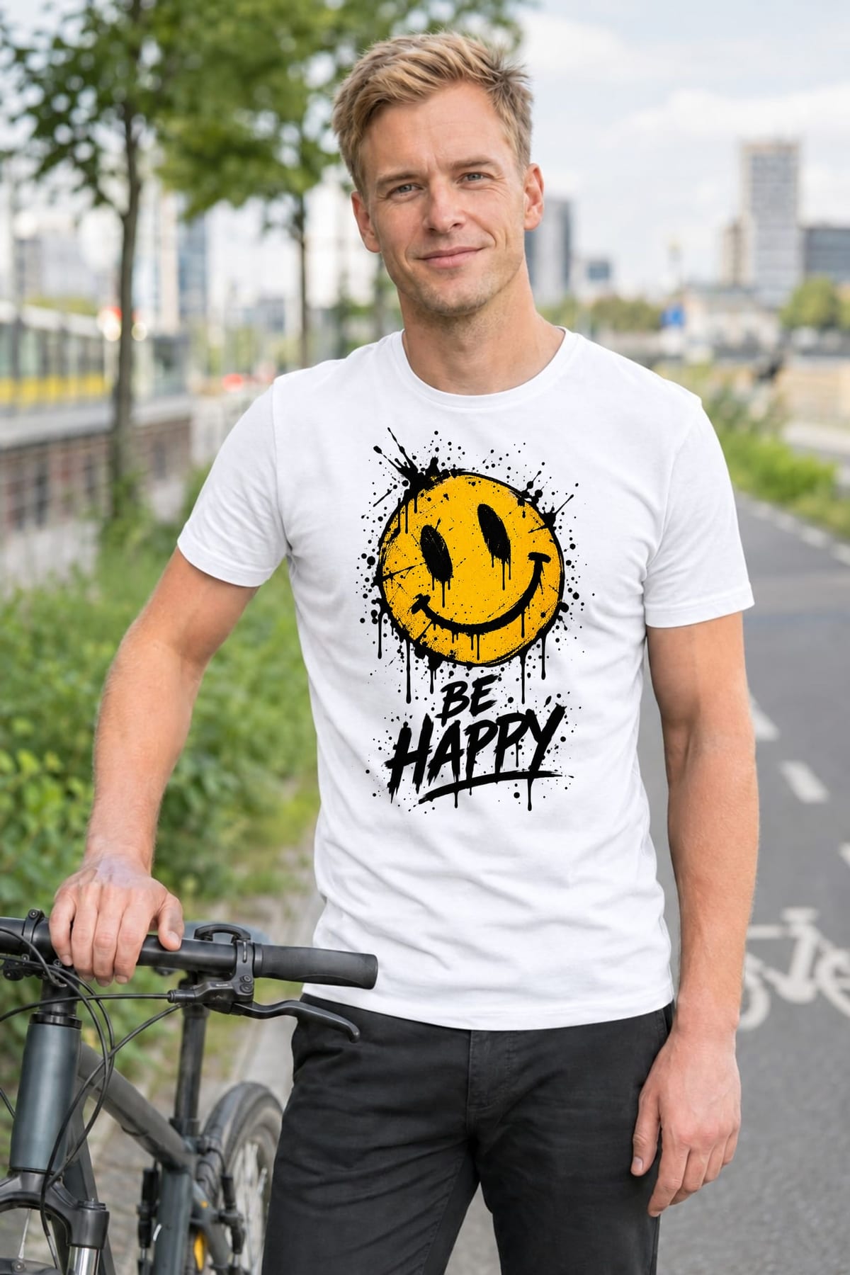 Koszulka męska biała z uśmiechniętą buźką be happy pozytywna, zdjęcie 3