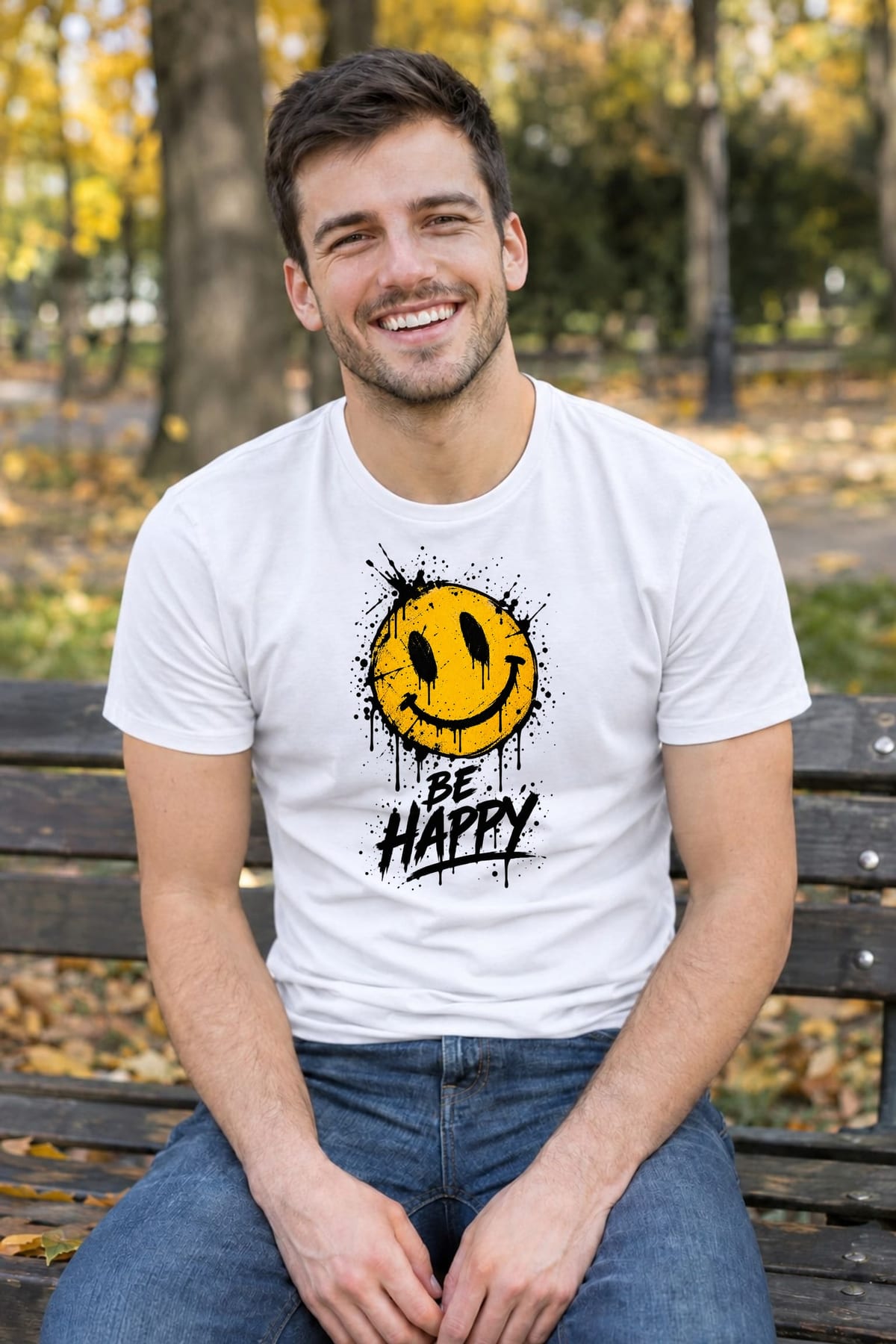 Koszulka męska biała z uśmiechniętą buźką be happy pozytywna, zdjęcie 4
