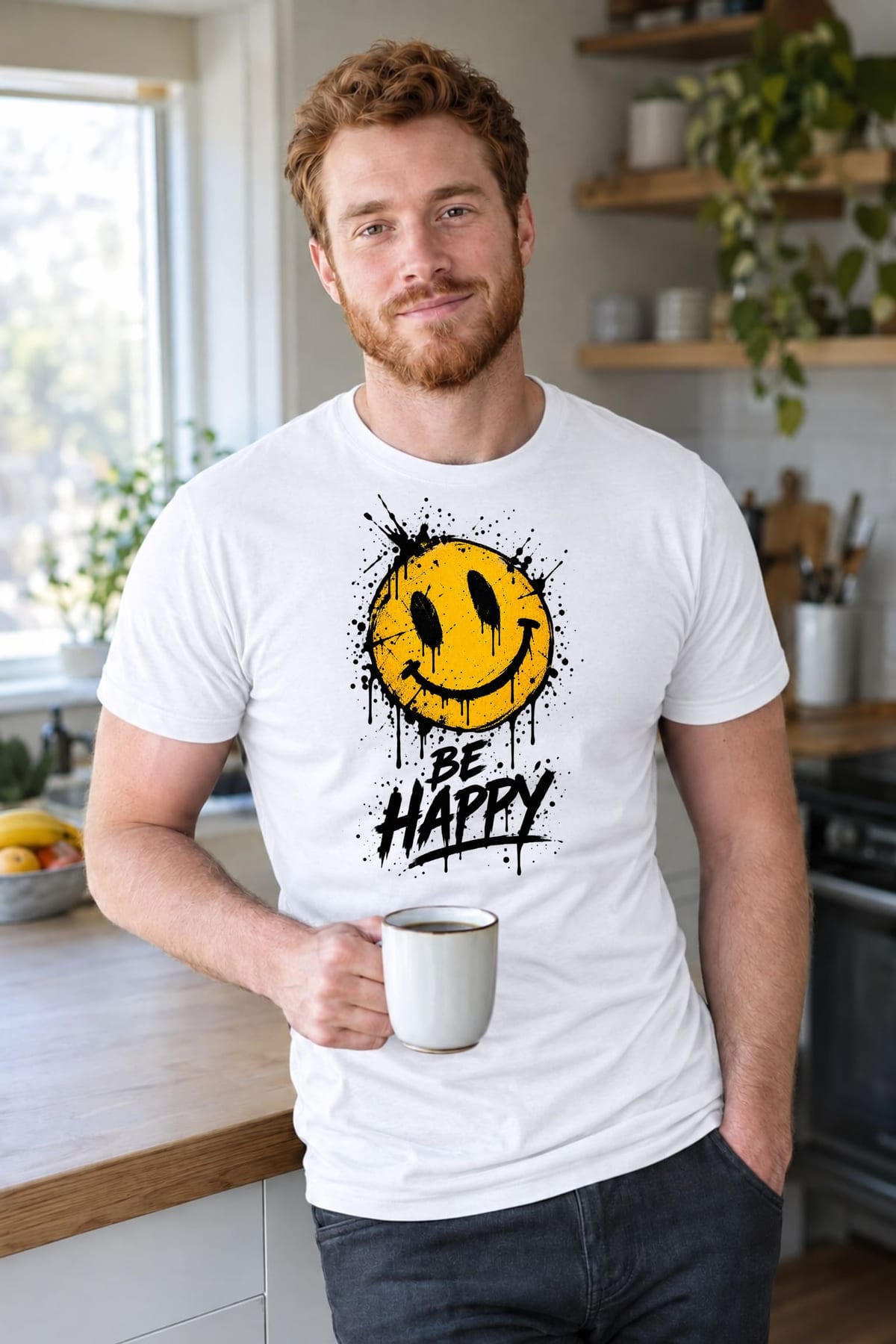 Koszulka męska biała z uśmiechniętą buźką be happy pozytywna, zdjęcie 5