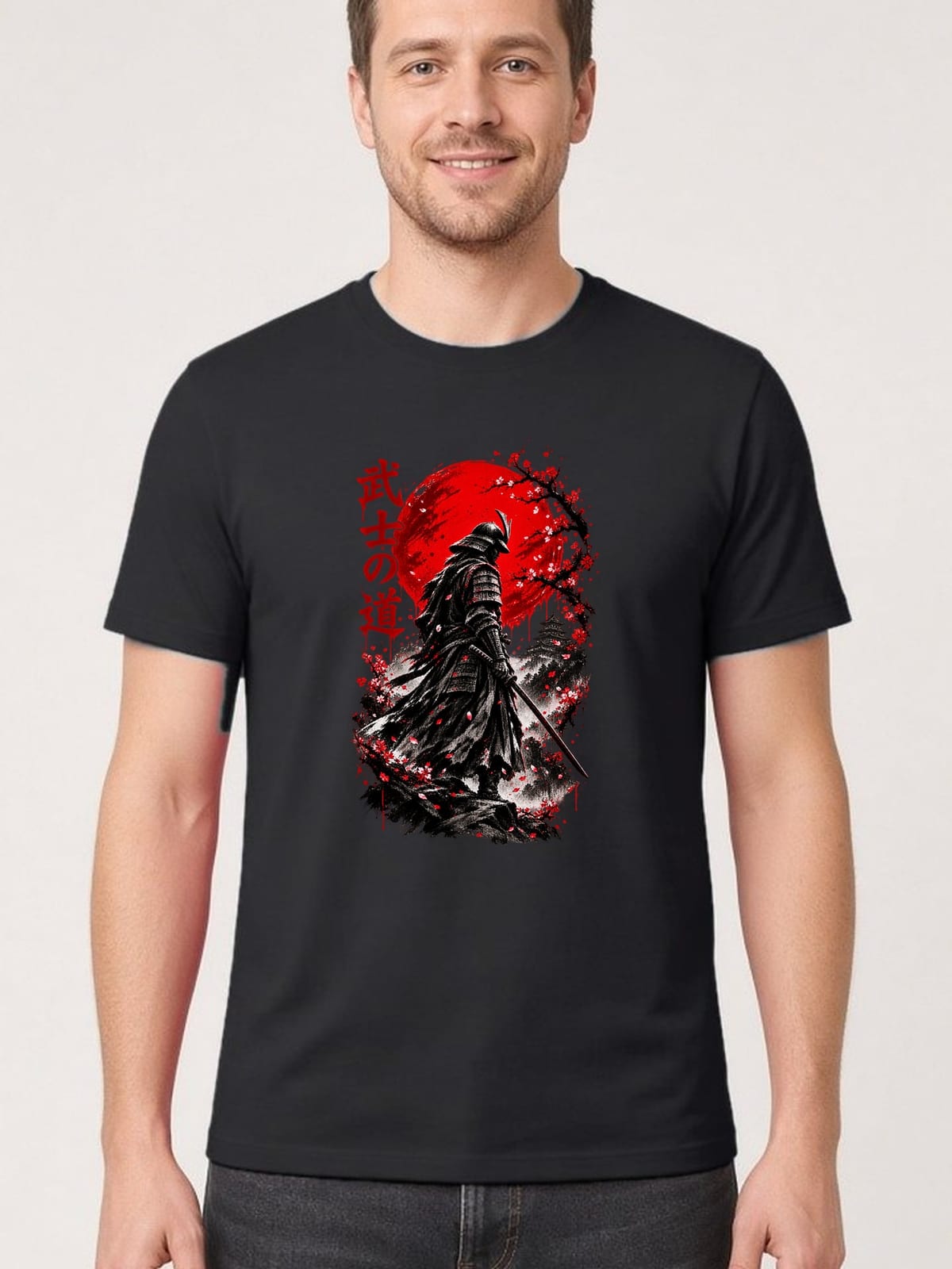 Koszulka męska czarna samuraj japońska grafika katana prezent