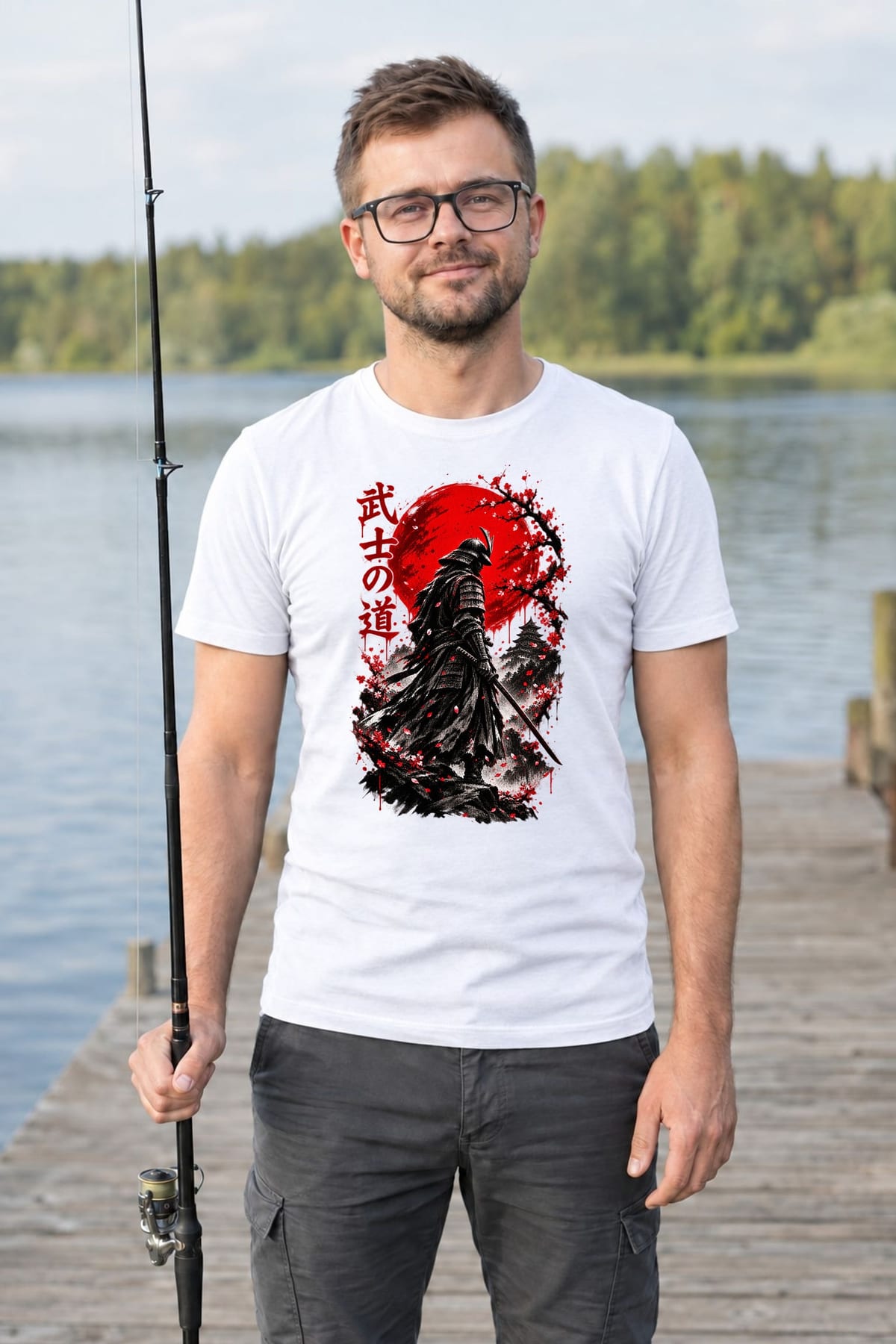 Koszulka męska biała samuraj japońska grafika katana prezent, zdjęcie 7