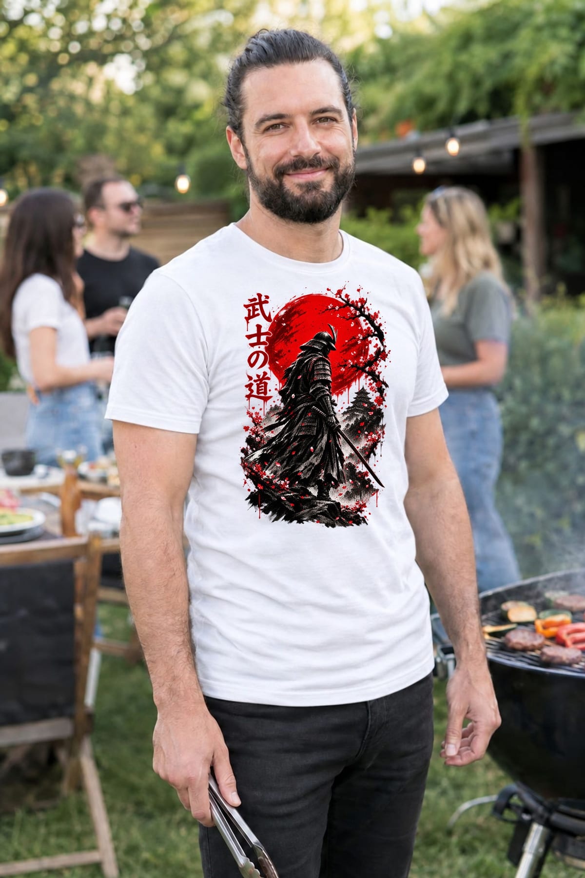 Koszulka męska biała samuraj japońska grafika katana prezent, zdjęcie 8