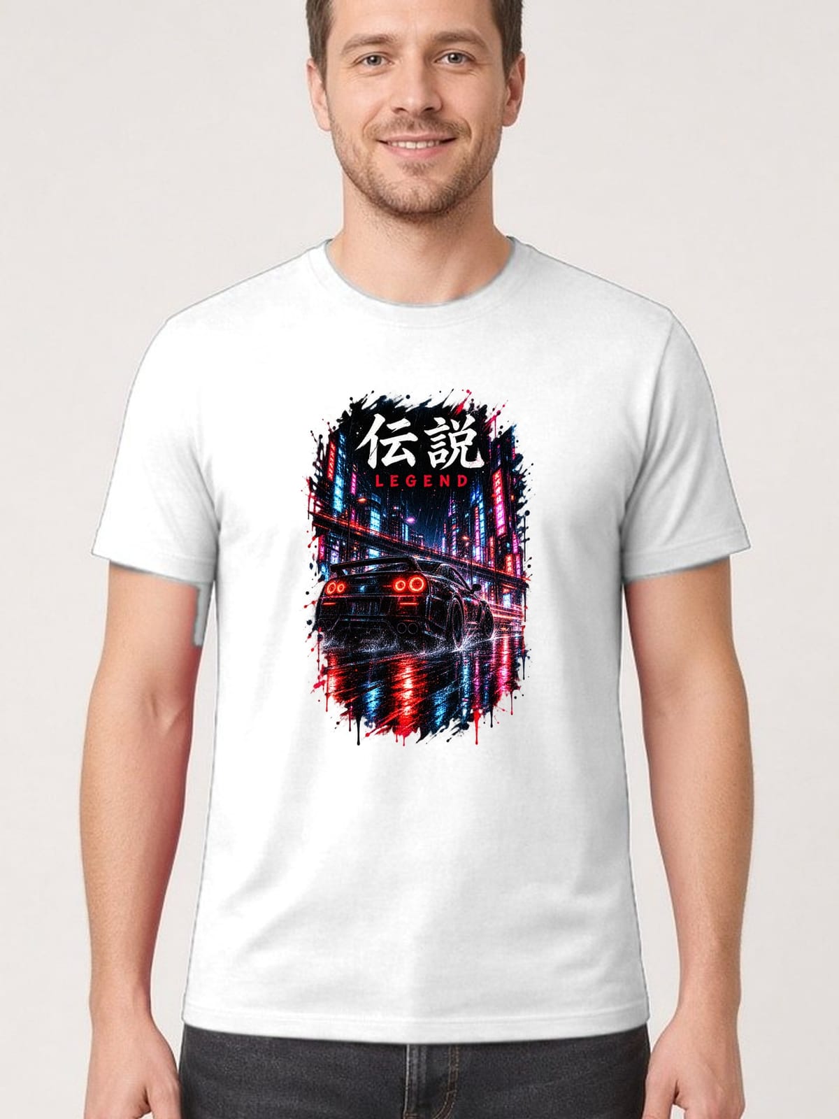 Koszulka męska biała z samochodem Nissan GTR cyberpunk prezent, zdjęcie 1