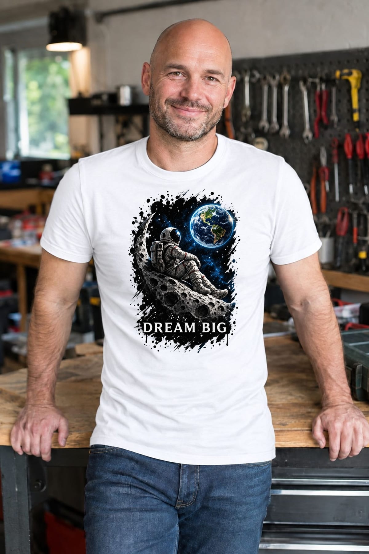 Koszulka męska biała z astronautą dream big kosmos prezent, zdjęcie 3