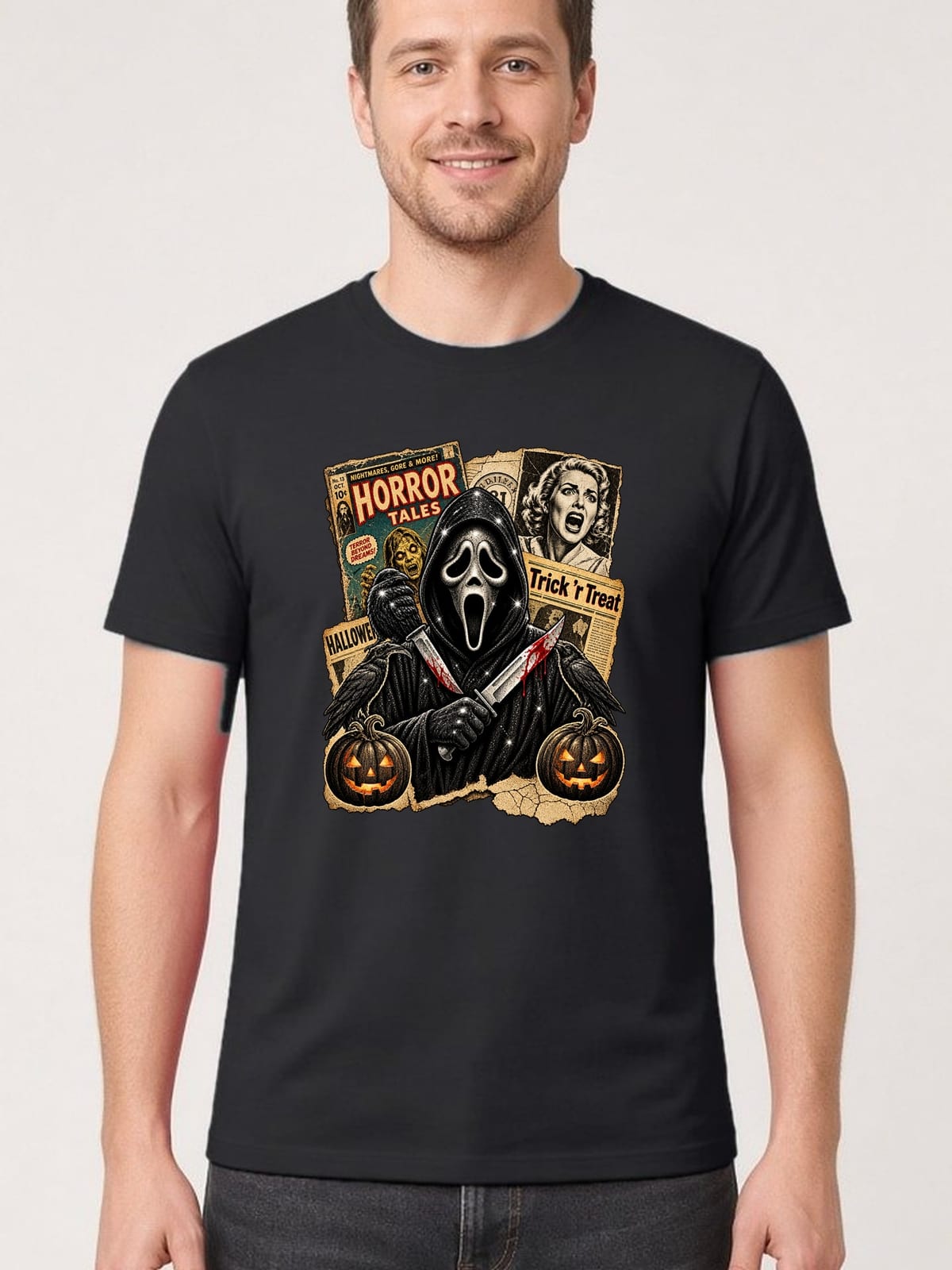 Koszulka męska czarna Halloween Ghostface vintage gazety grozy prezent, zdjęcie 1