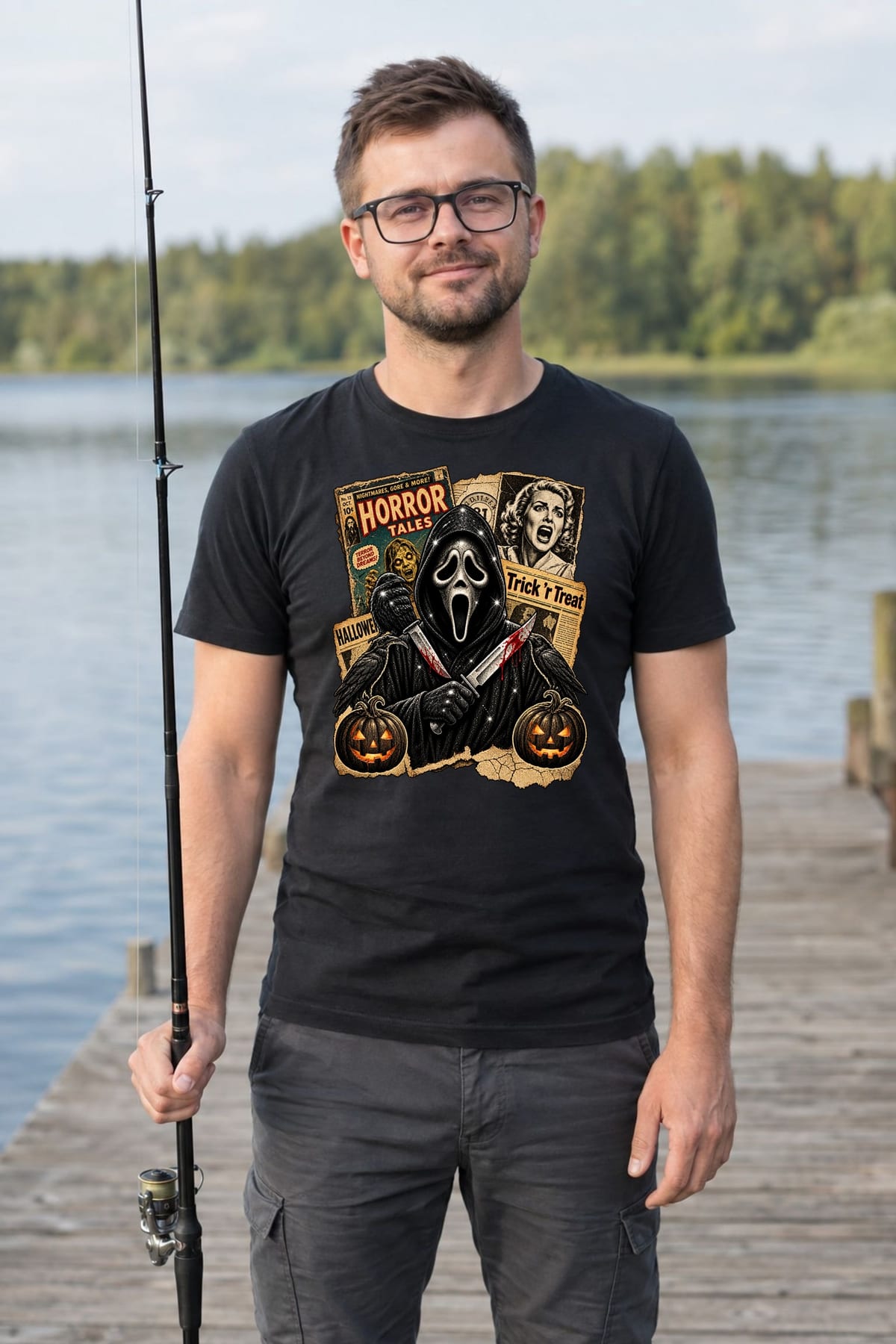 Koszulka męska czarna Halloween Ghostface vintage gazety grozy prezent, zdjęcie 4