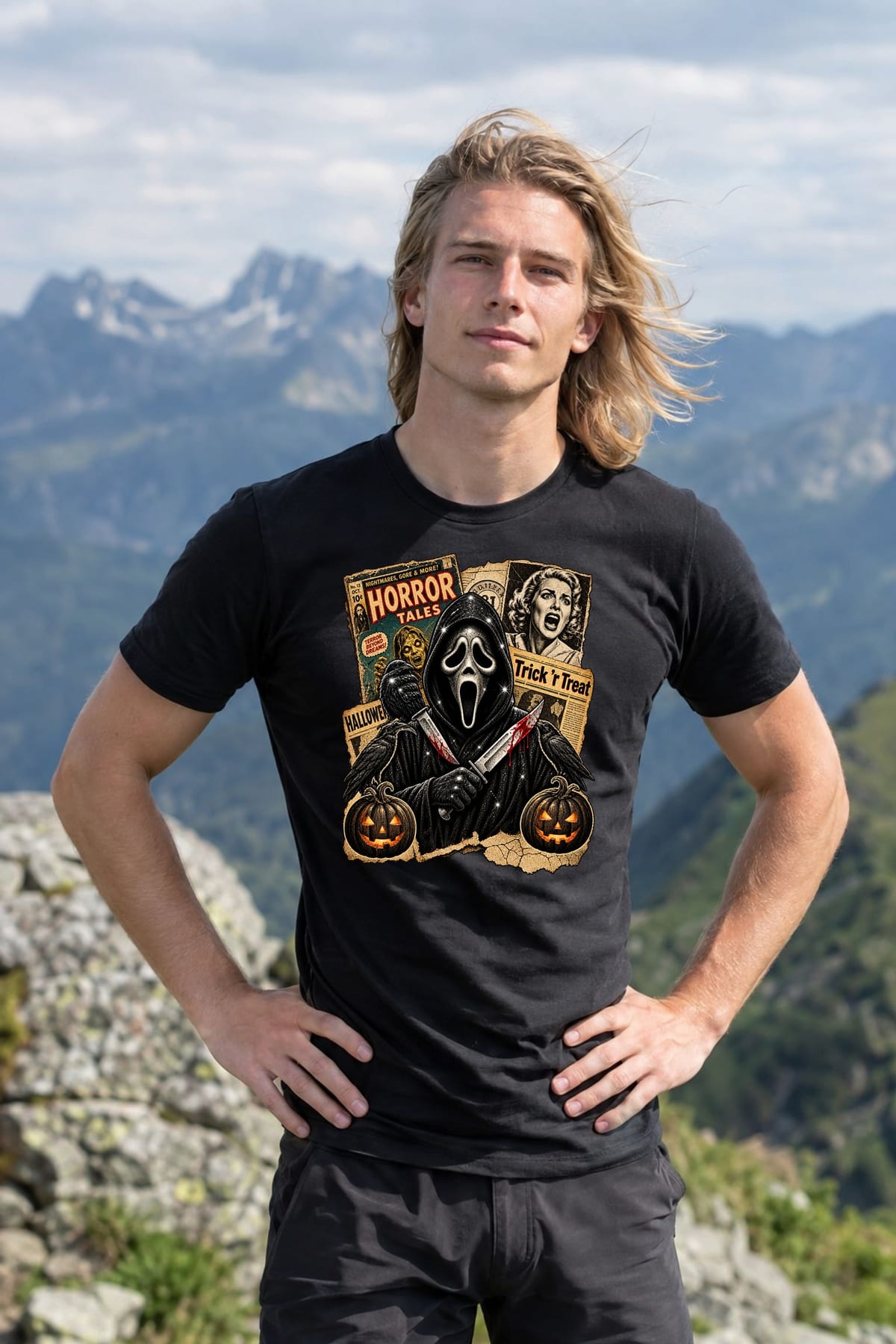 Koszulka męska czarna Halloween Ghostface vintage gazety grozy prezent, zdjęcie 5