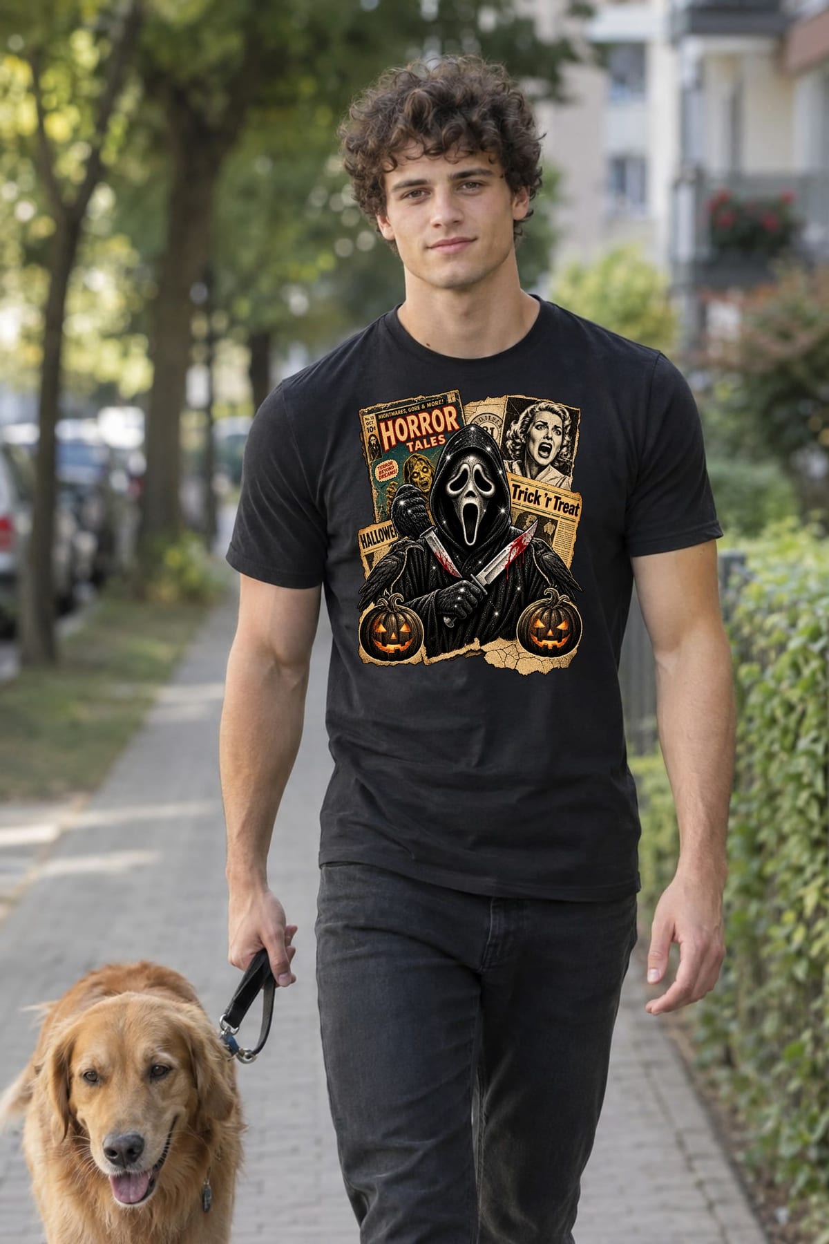 Koszulka męska czarna Halloween Ghostface vintage gazety grozy prezent, zdjęcie 6
