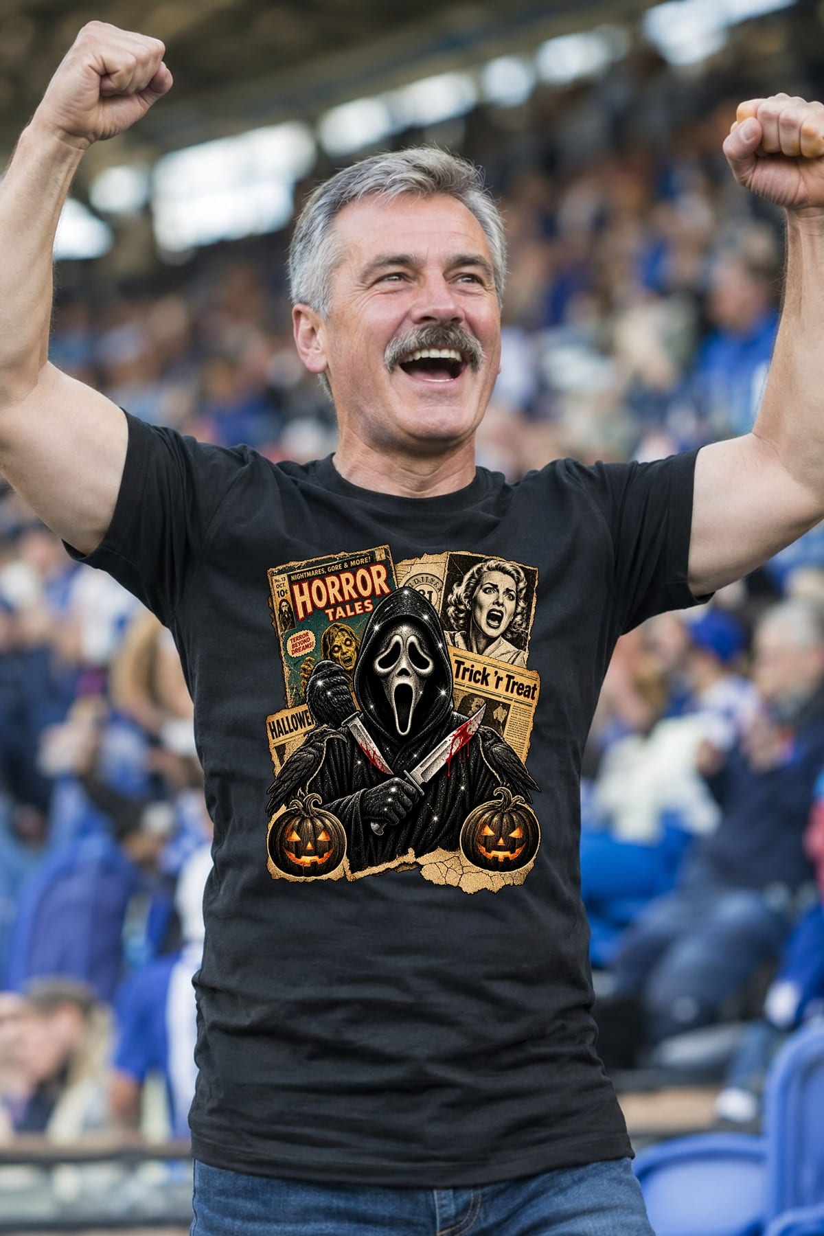 Koszulka męska czarna Halloween Ghostface vintage gazety grozy prezent, zdjęcie 7