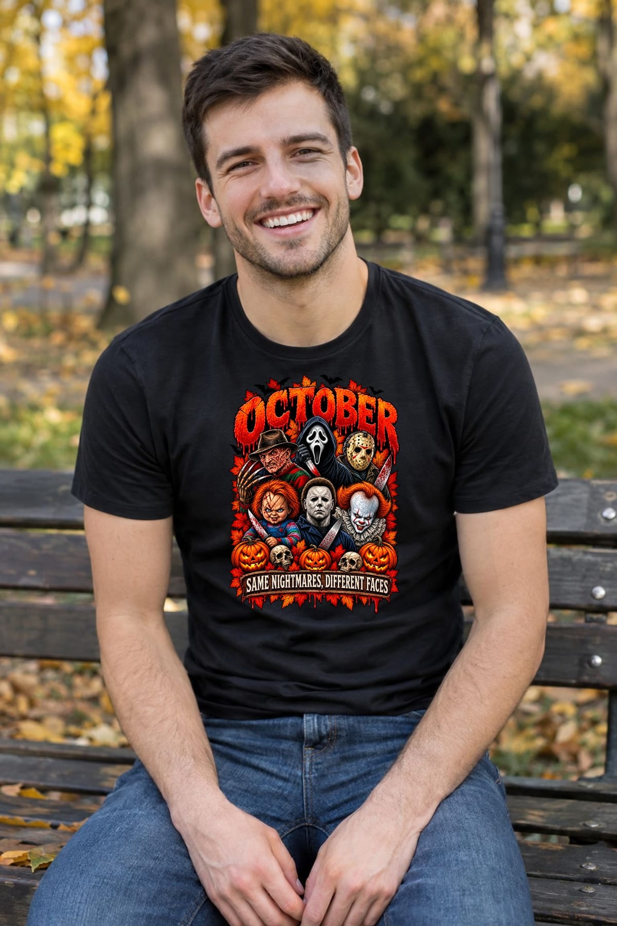 Koszulka męska czarna Halloween postacie z horrorów październik prezent, zdjęcie 5