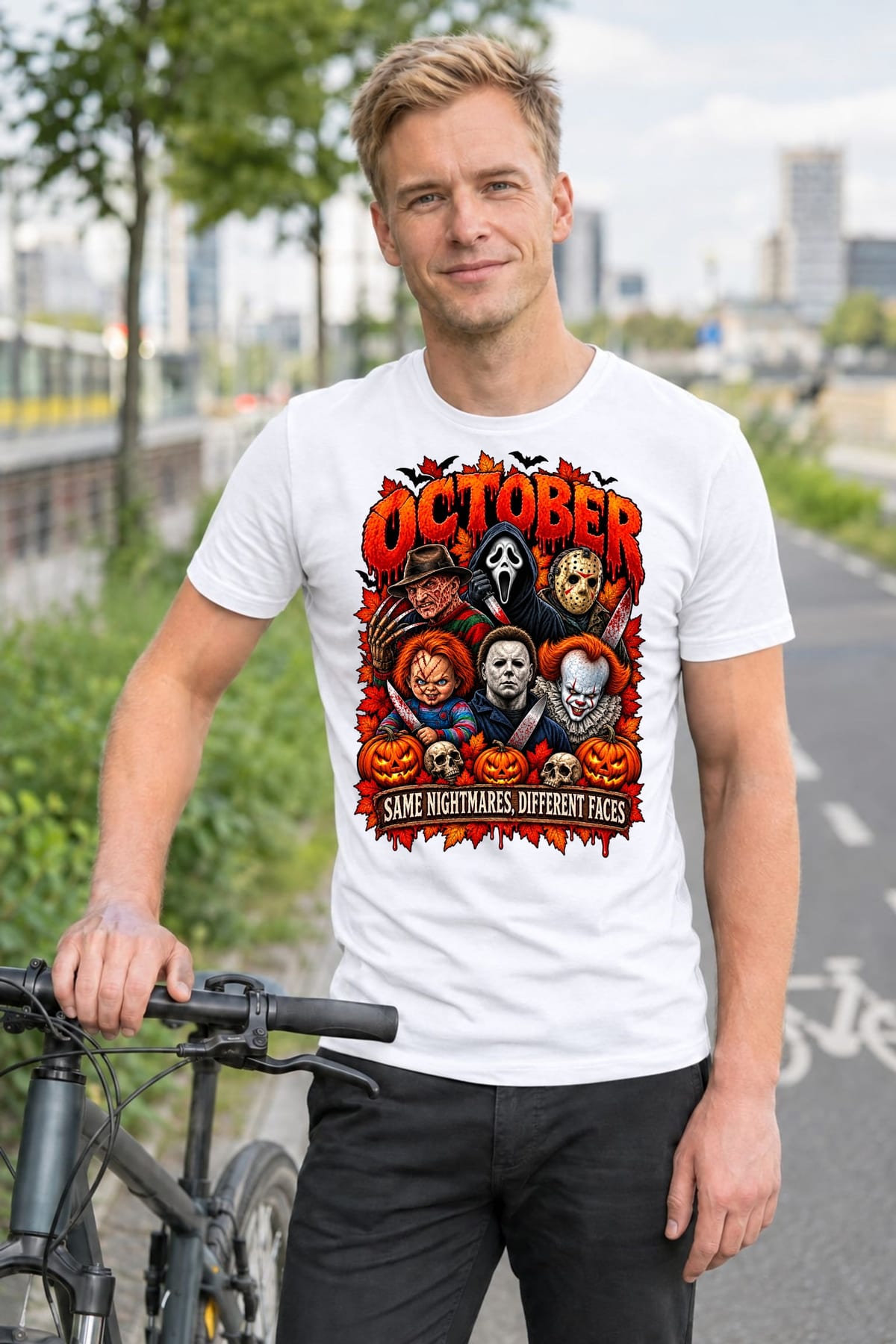 Koszulka męska biała Halloween postacie z horrorów październik prezent, zdjęcie 5