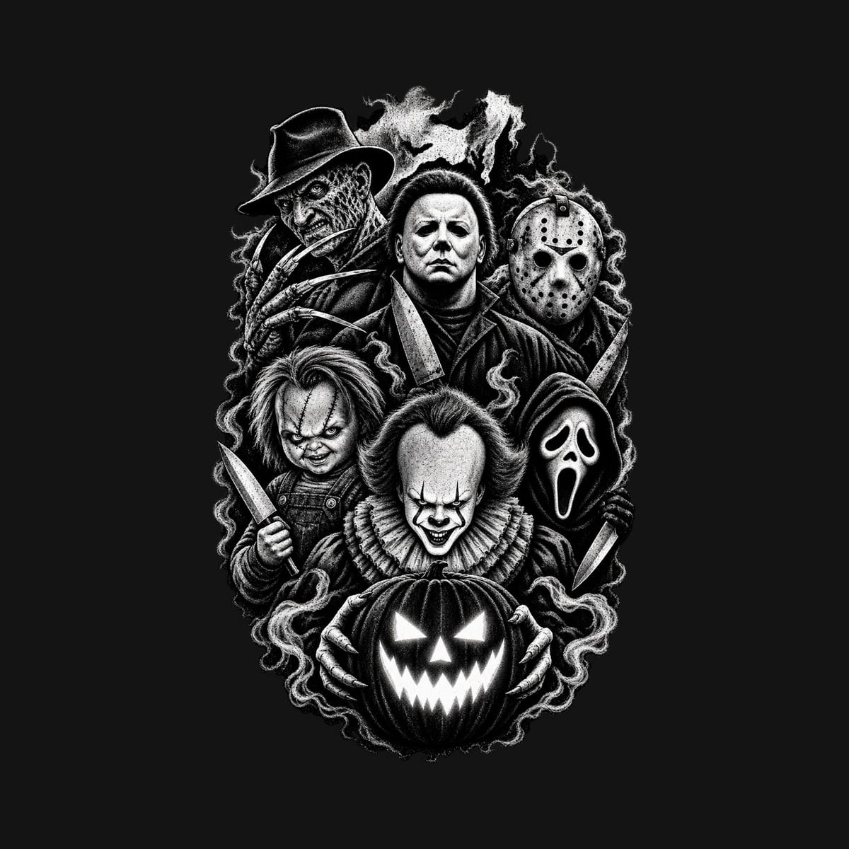 Koszulka męska czarna Halloween kolaż ikon horroru dynia prezent, zdjęcie 2